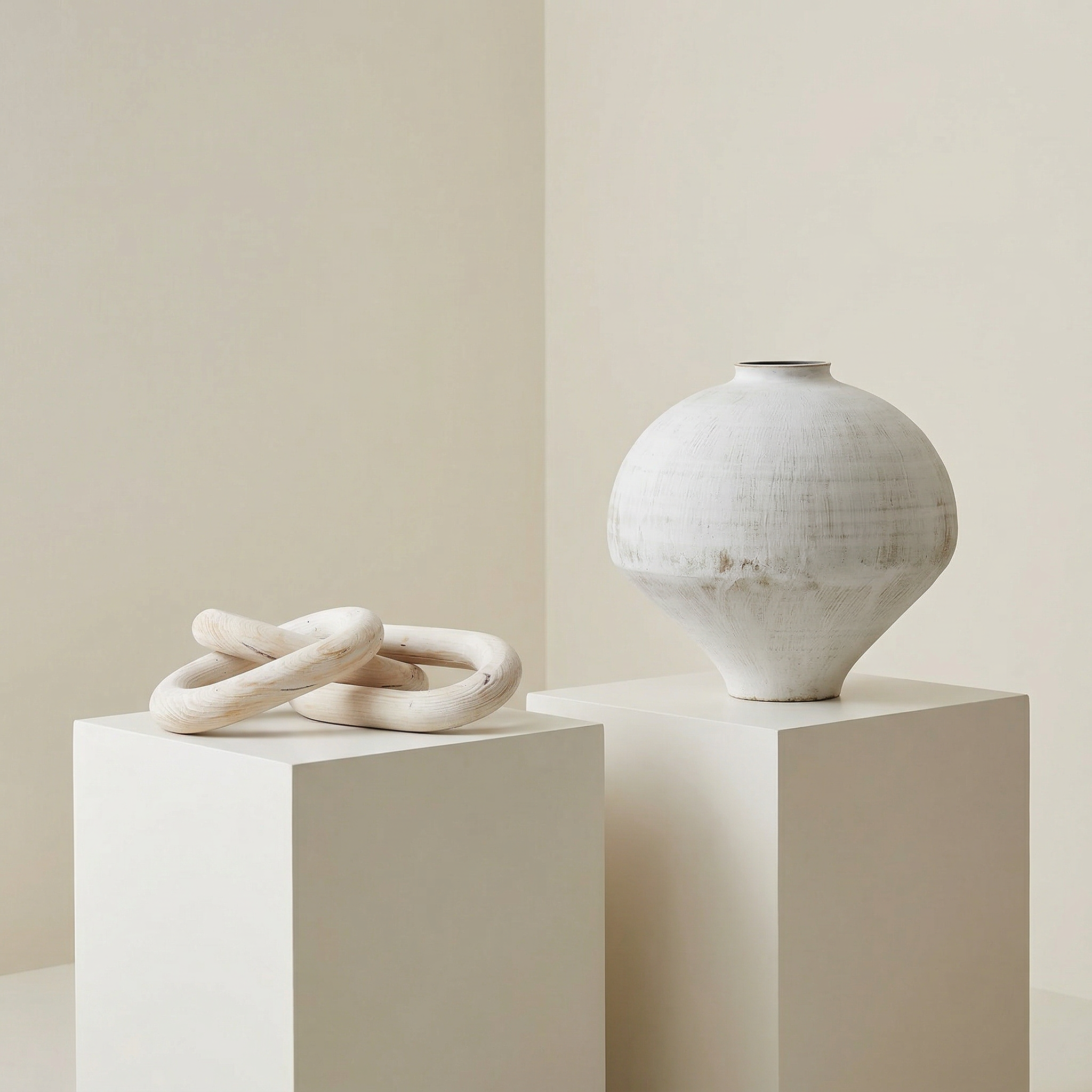 white wabi sabi vase and pale wood chain links on white plinths