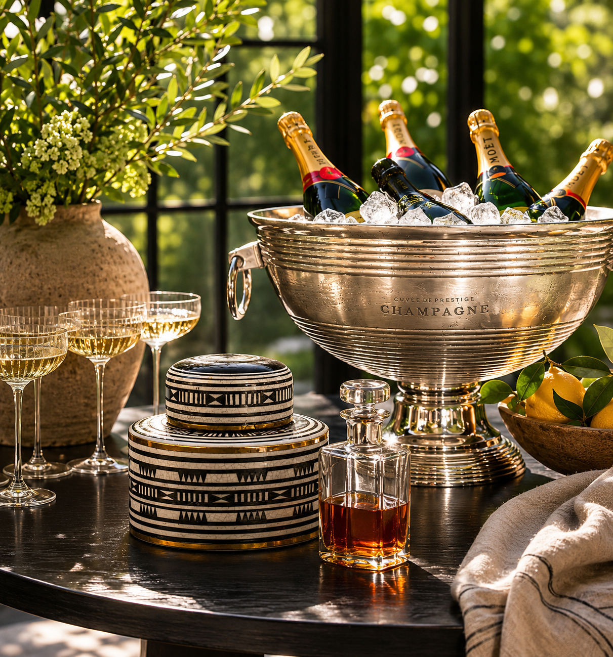 Summer table styled with Champagne Bucket, Flask Decanter and Aztec Ginger Jar — Narrated Home hosting edit