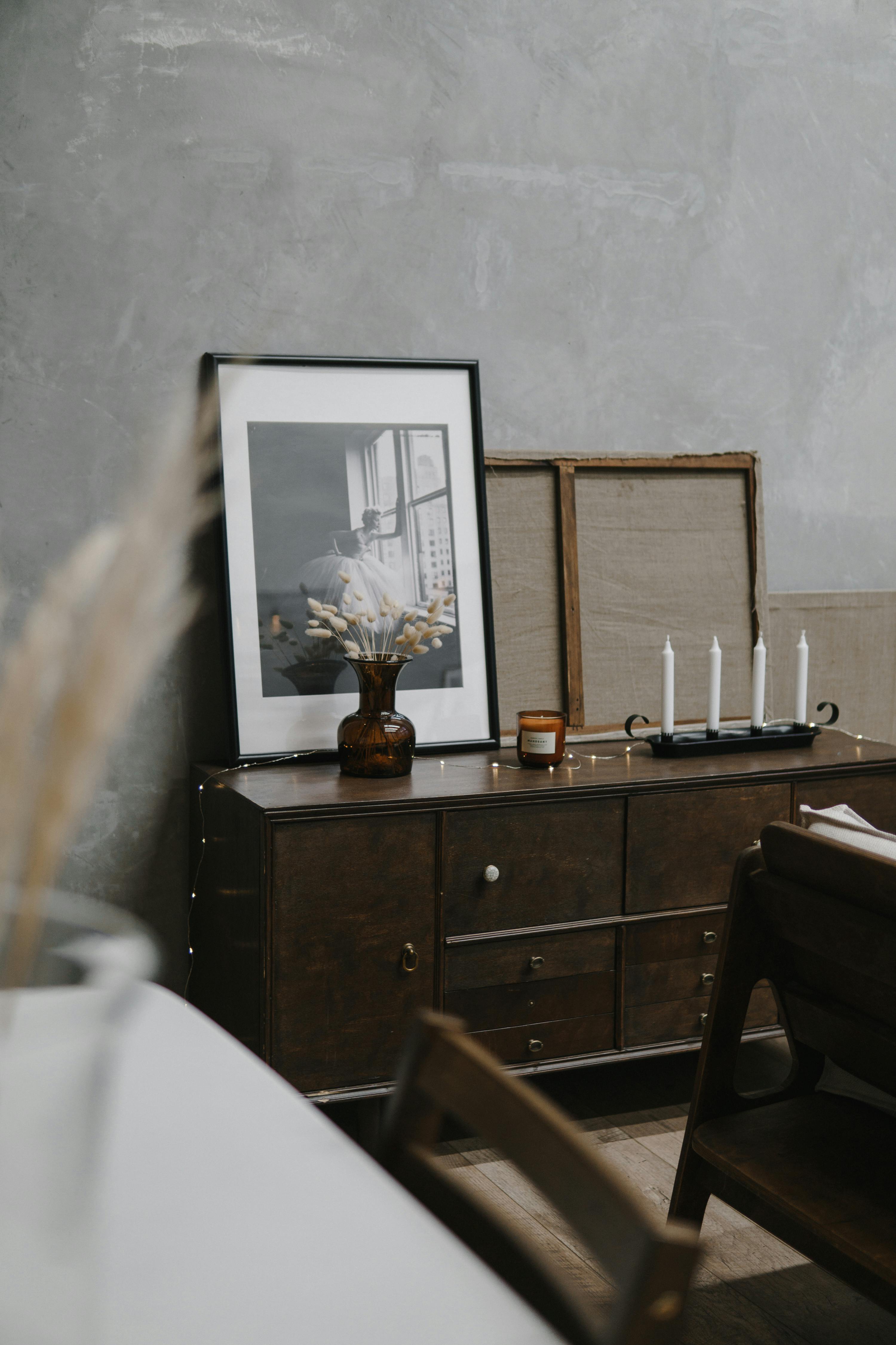 black and white image on sideboard