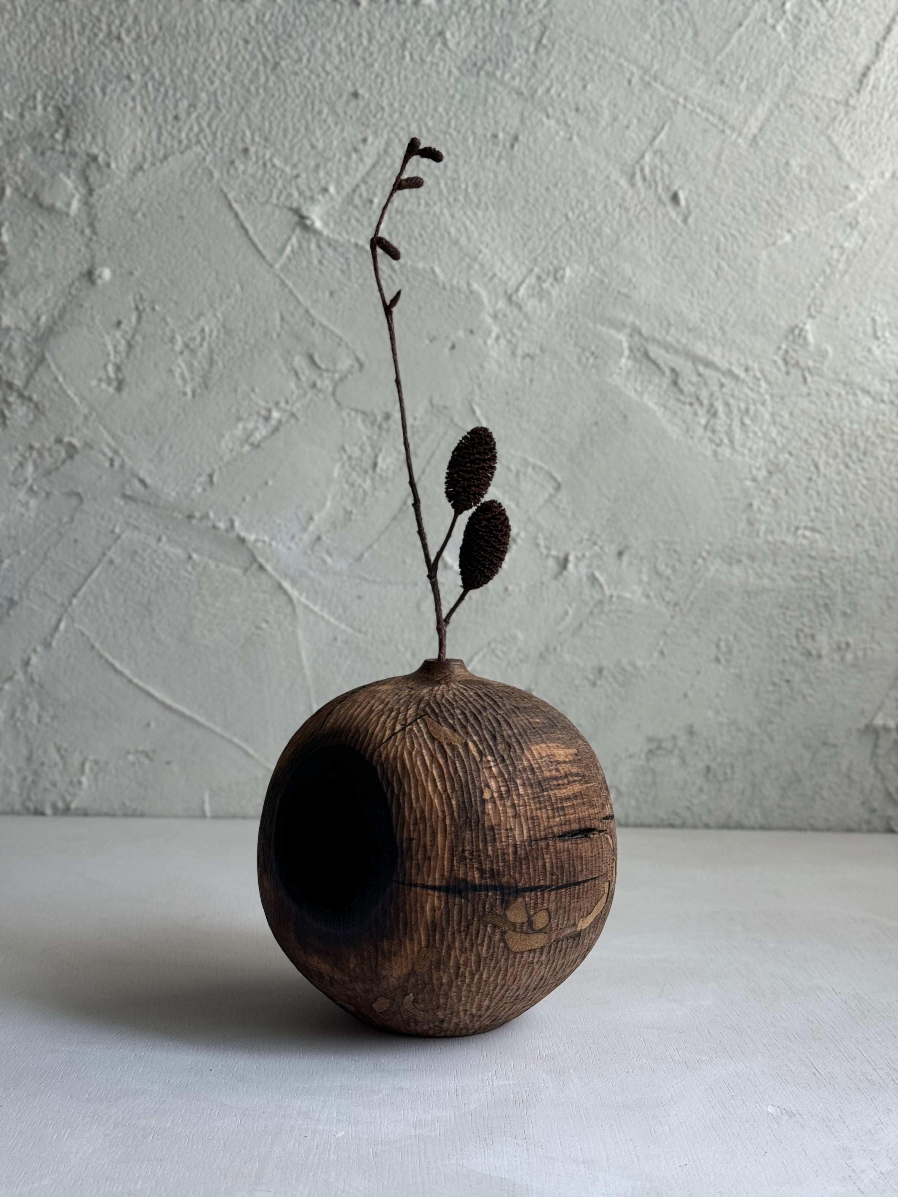 Wooden vase with a plant against a textured white wall