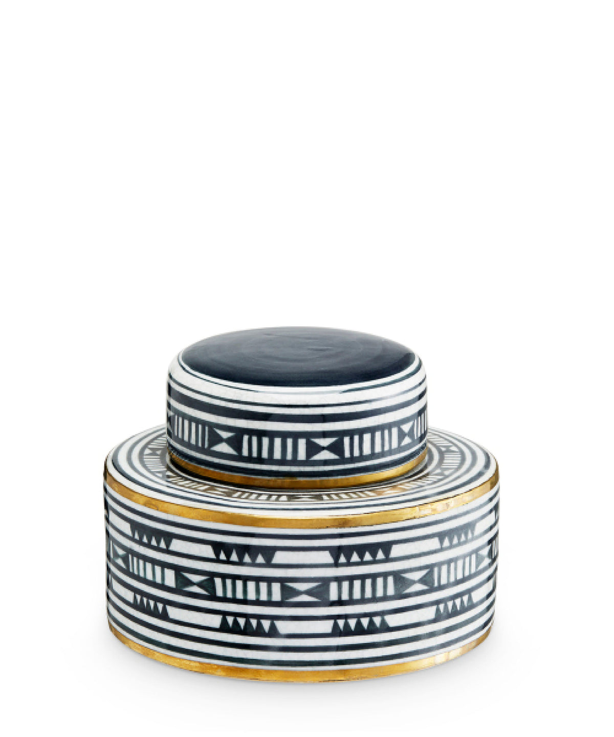 Decorative container with black and white geometric pattern on a white background