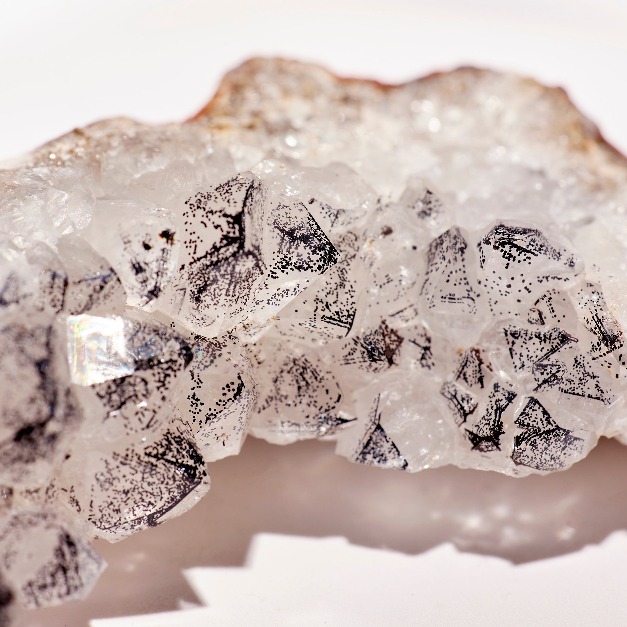 Close-up of a crystal with black inclusions on a white background