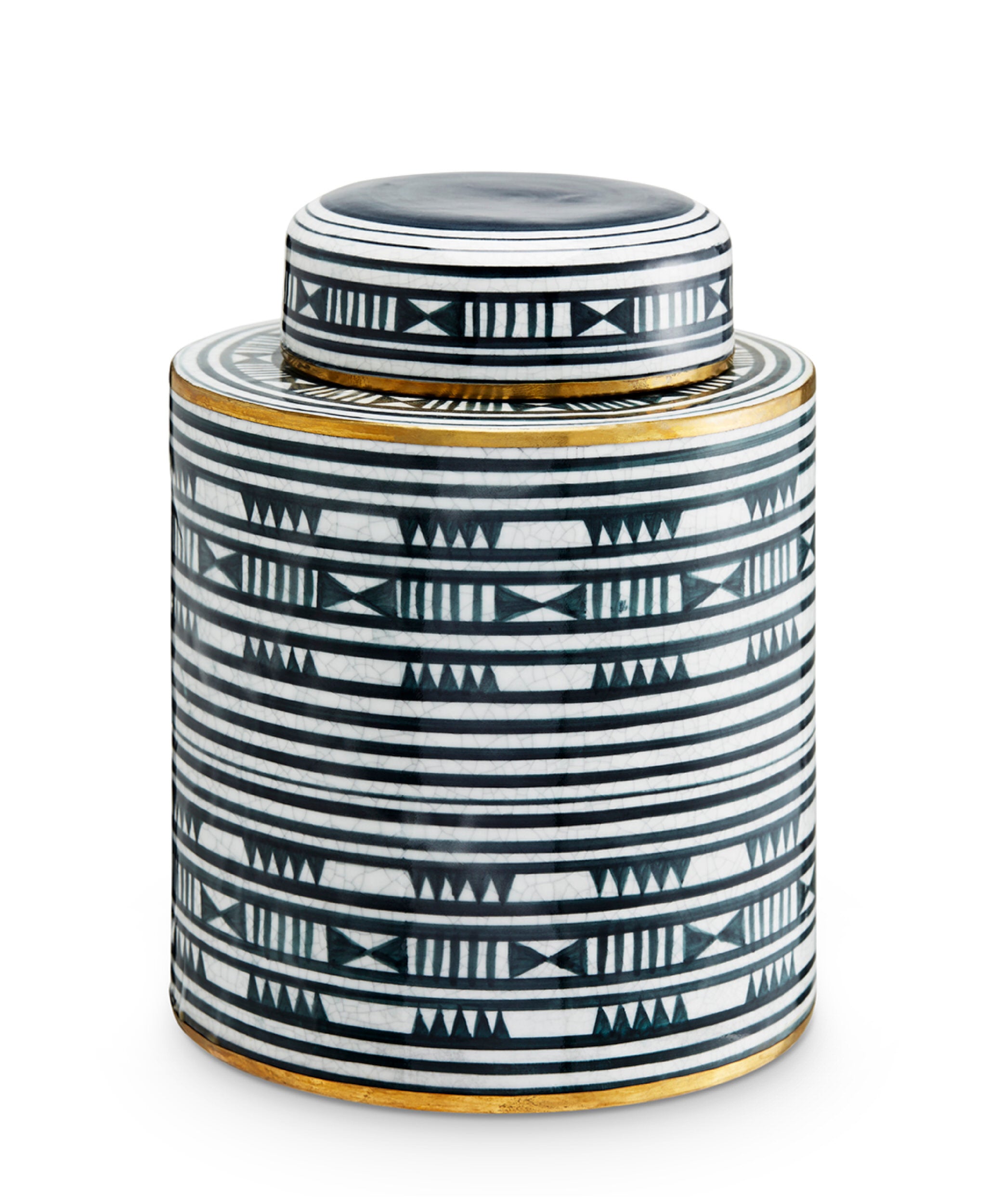 Ceramic jar with black and white geometric pattern on a white background