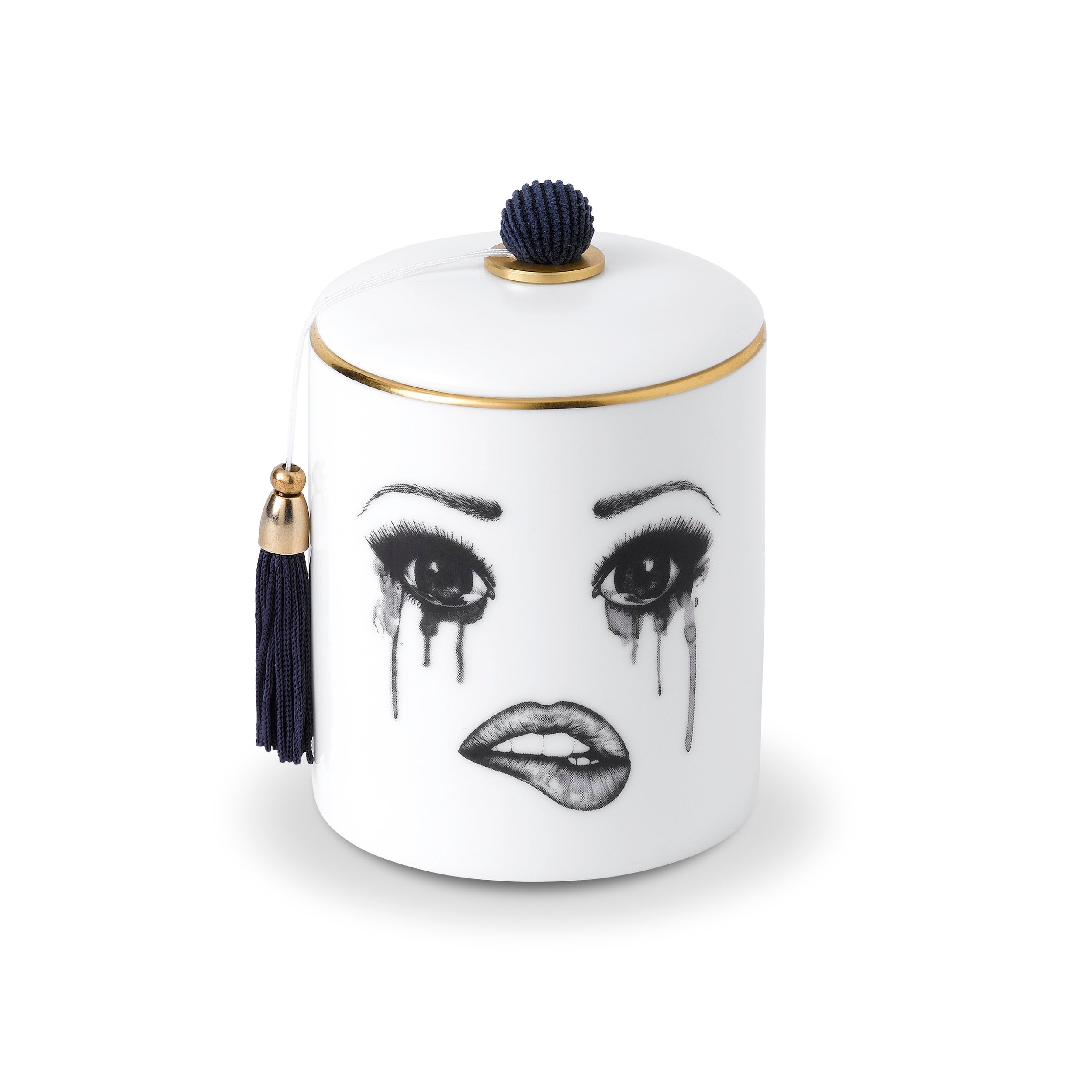 Ceramic jar, candle, with artistic face design on a white background