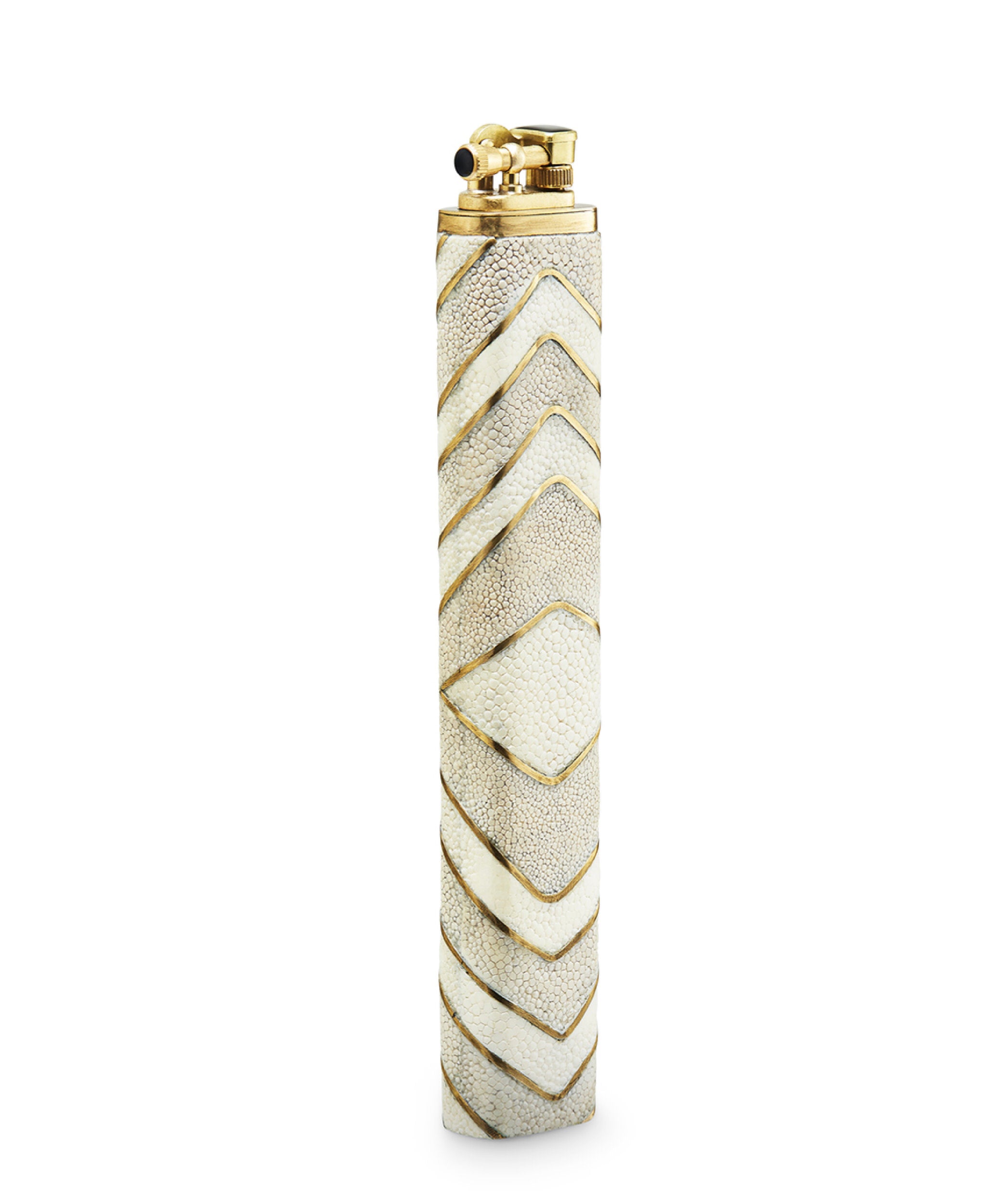 Decorative lighter with textured design and gold accents on a white background