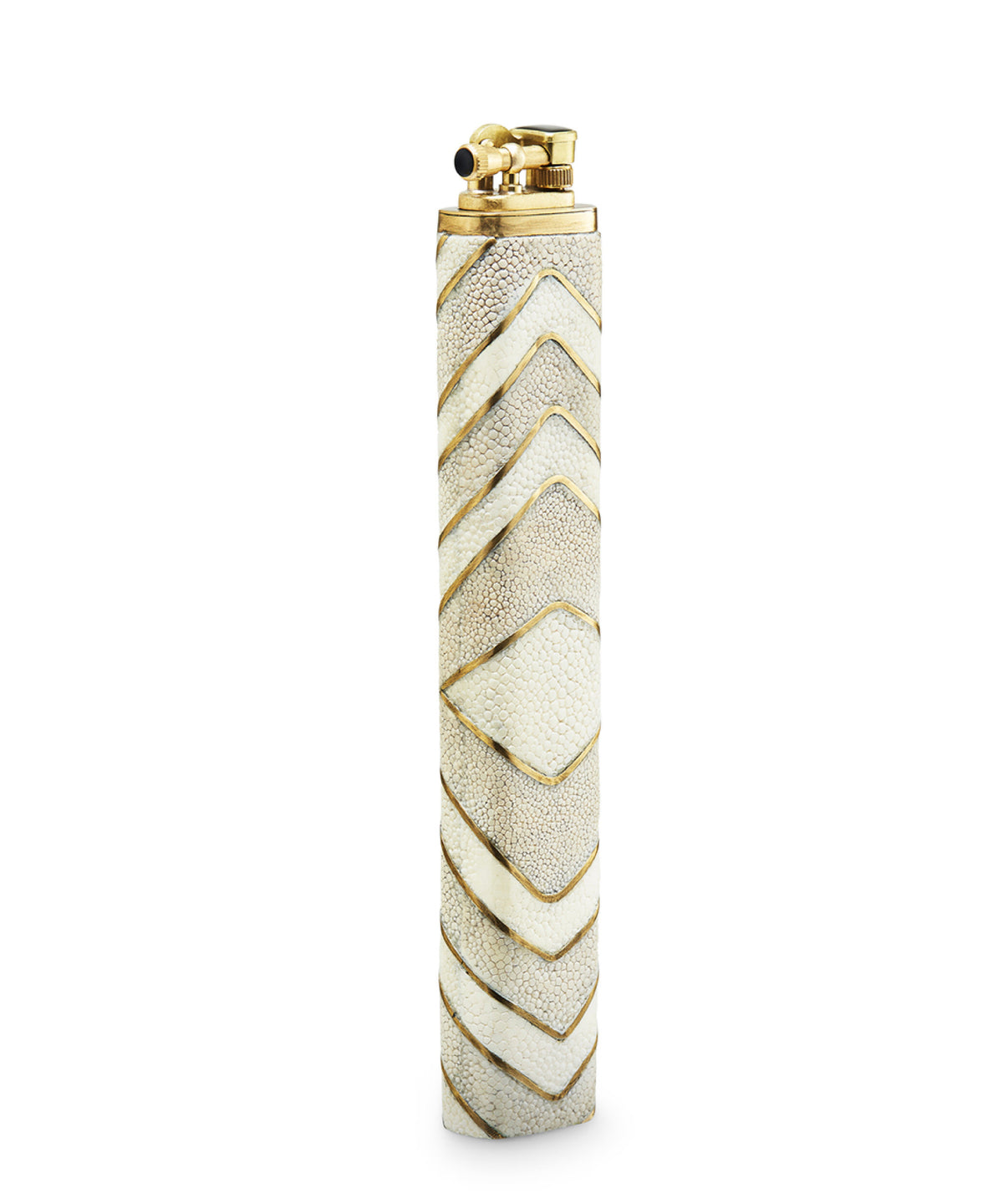 Decorative lighter with textured design and gold accents on a white background