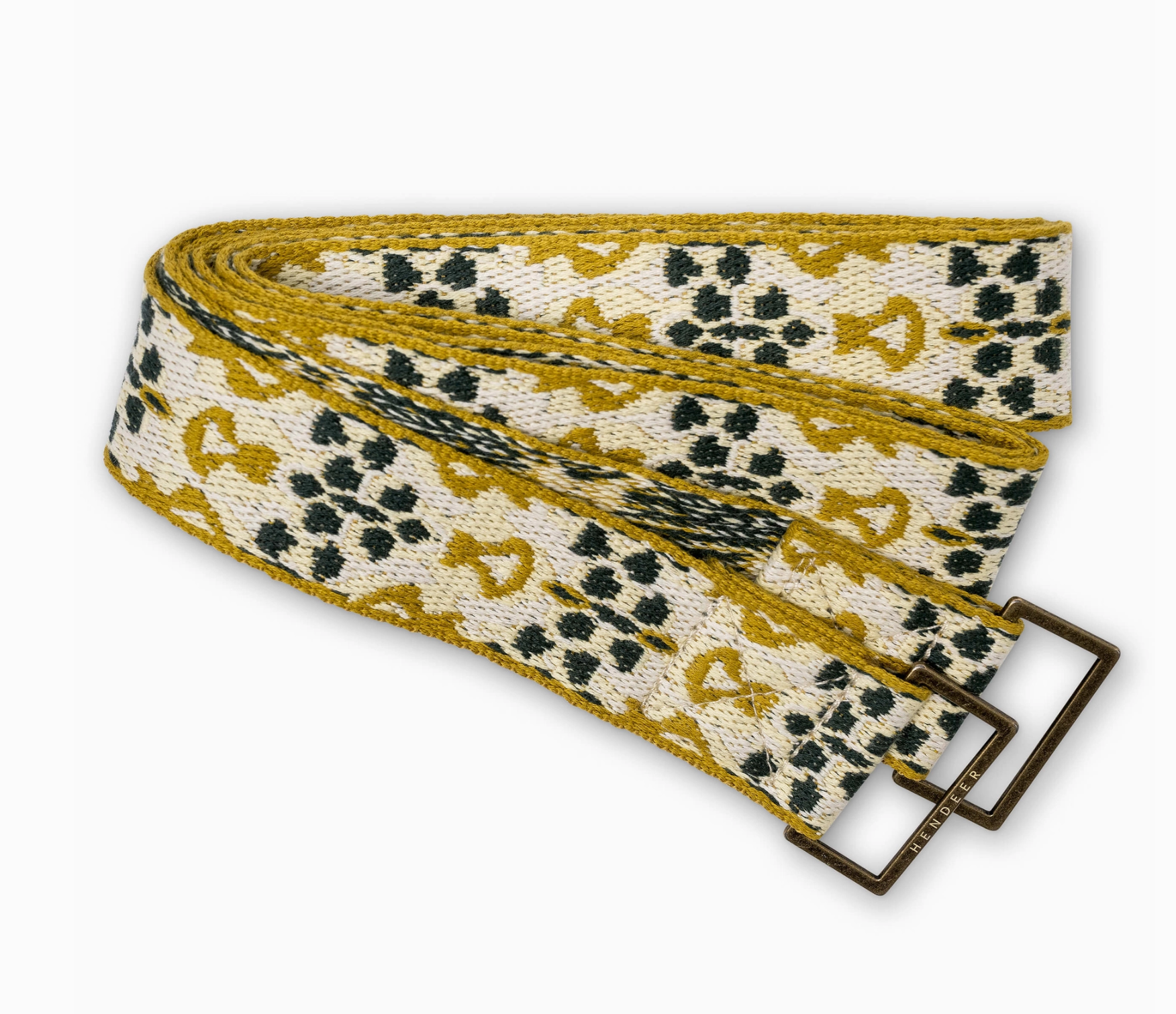 Patterned belt with a metal buckle on a white background