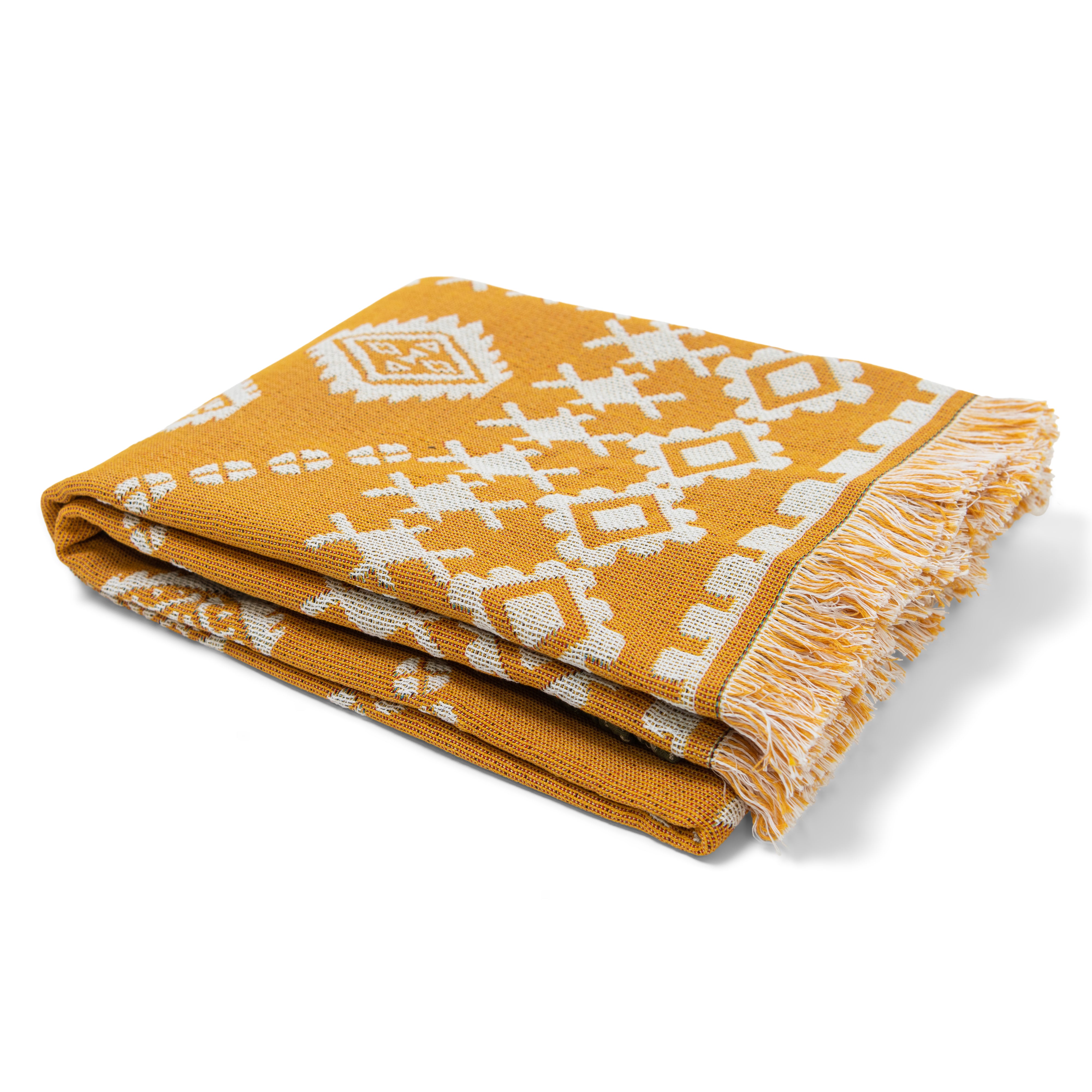 Folded yellow and white patterned blanket on a white background