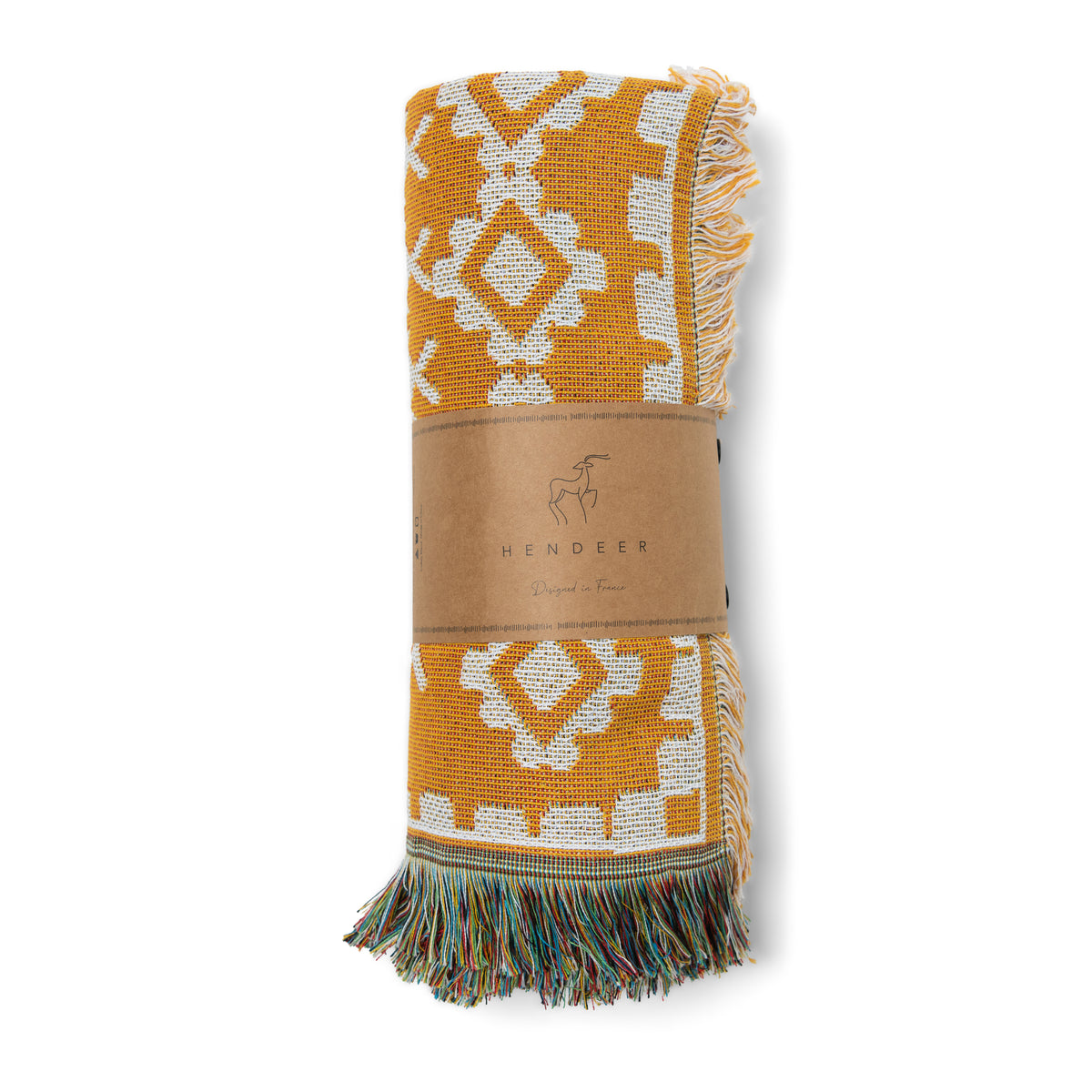 Woven blanket with geometric pattern and fringes, branded 'Hender Scheme', on a white background