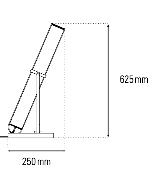 Technical drawing of a telescope with dimensions labeled