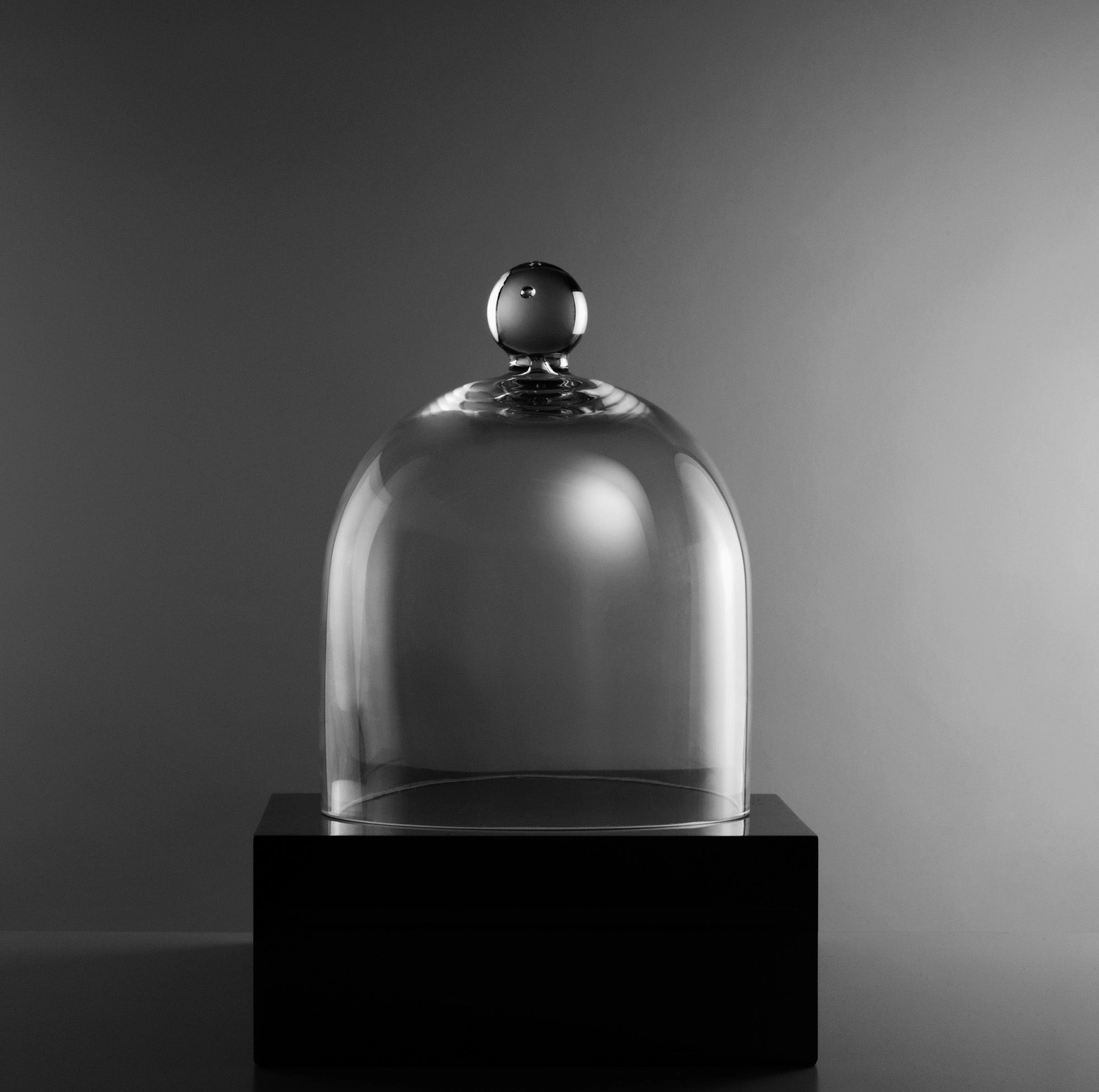 Clear glass dome with a metallic ball on a black pedestal against a gray background