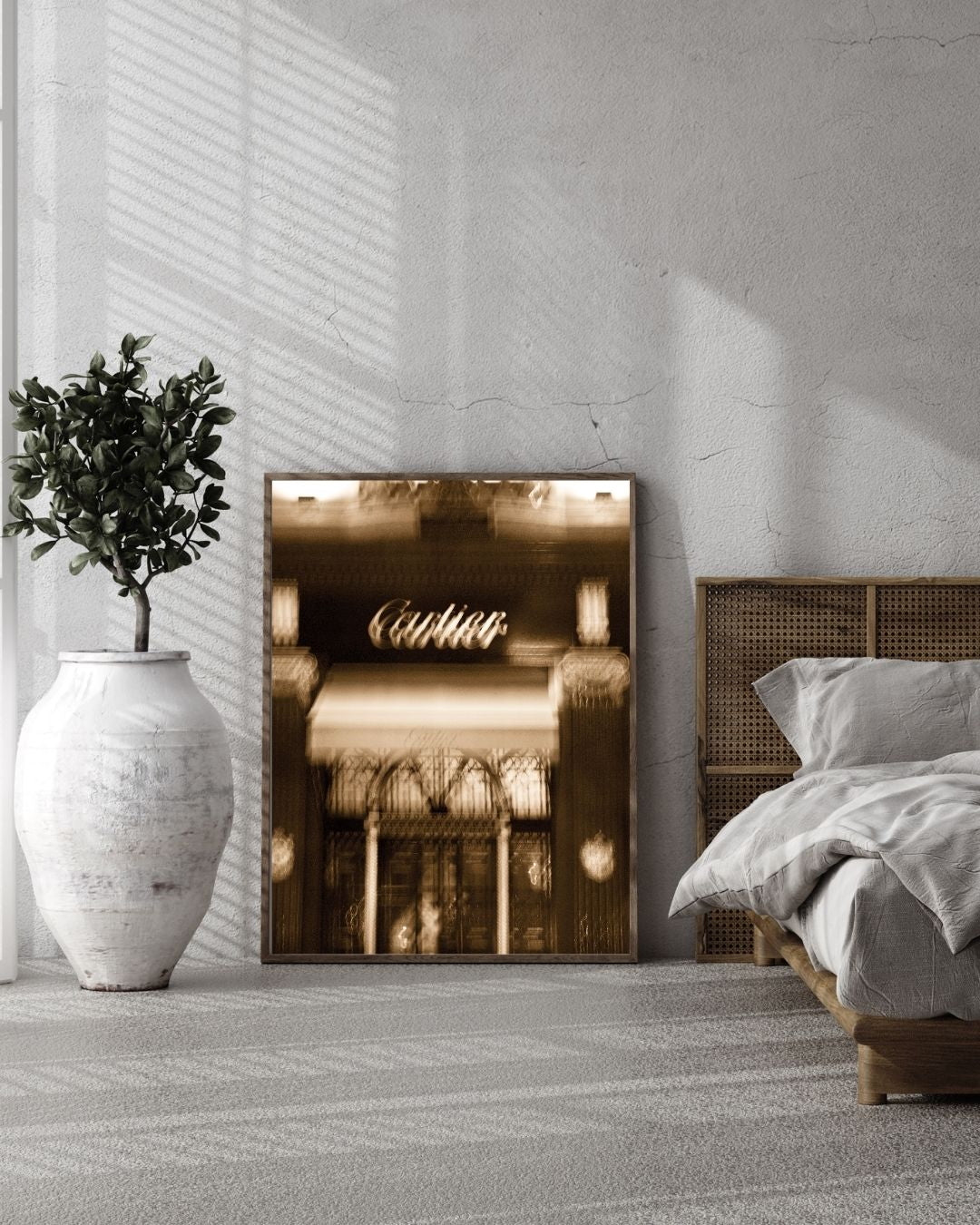 Modern bedroom with a framed picture of a grand piano on the wall.