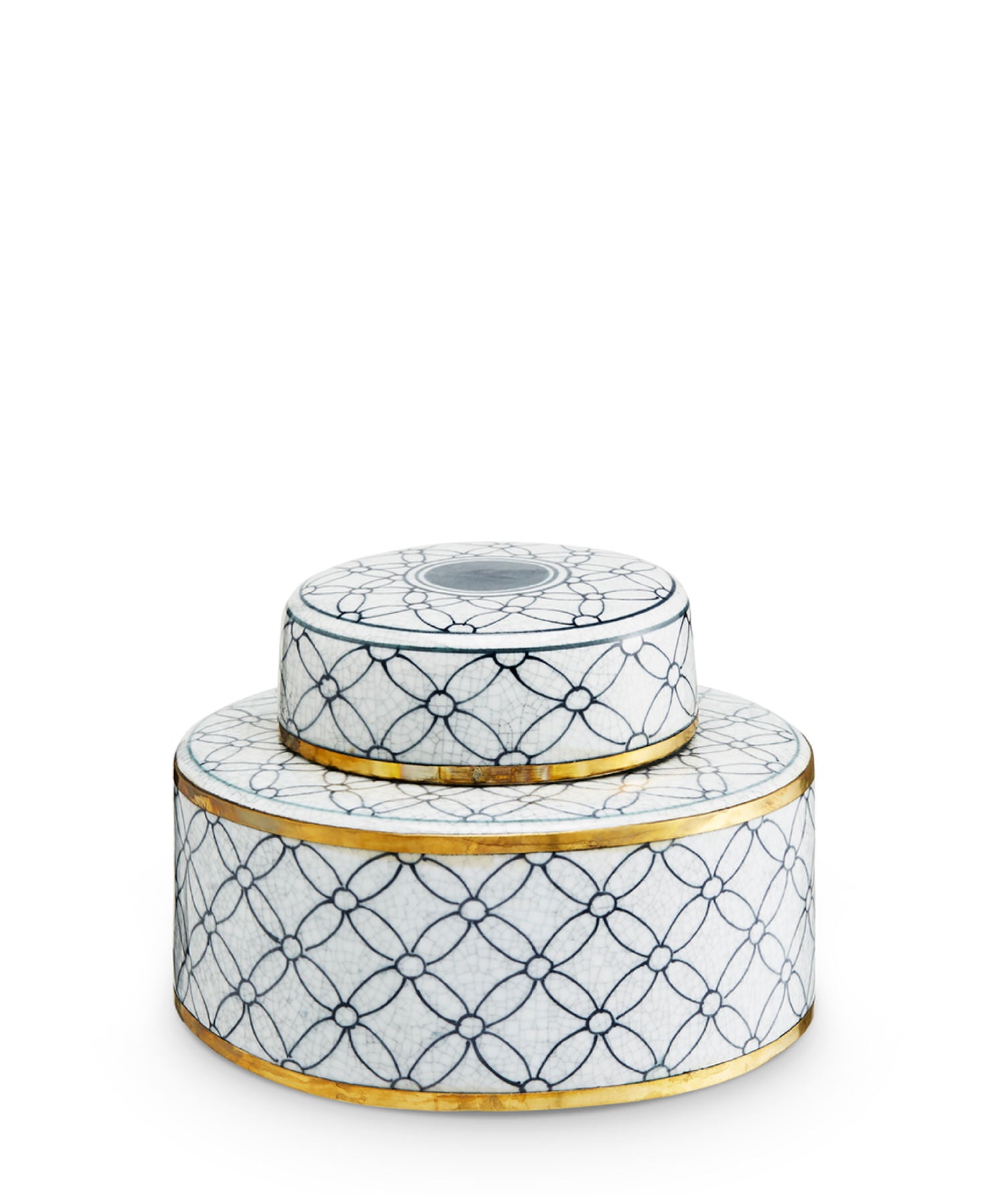 Two decorative tins with geometric patterns on a white background