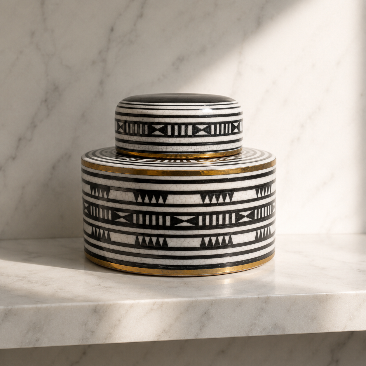 ceramic jars with black and white geometric patterns on a marble surface