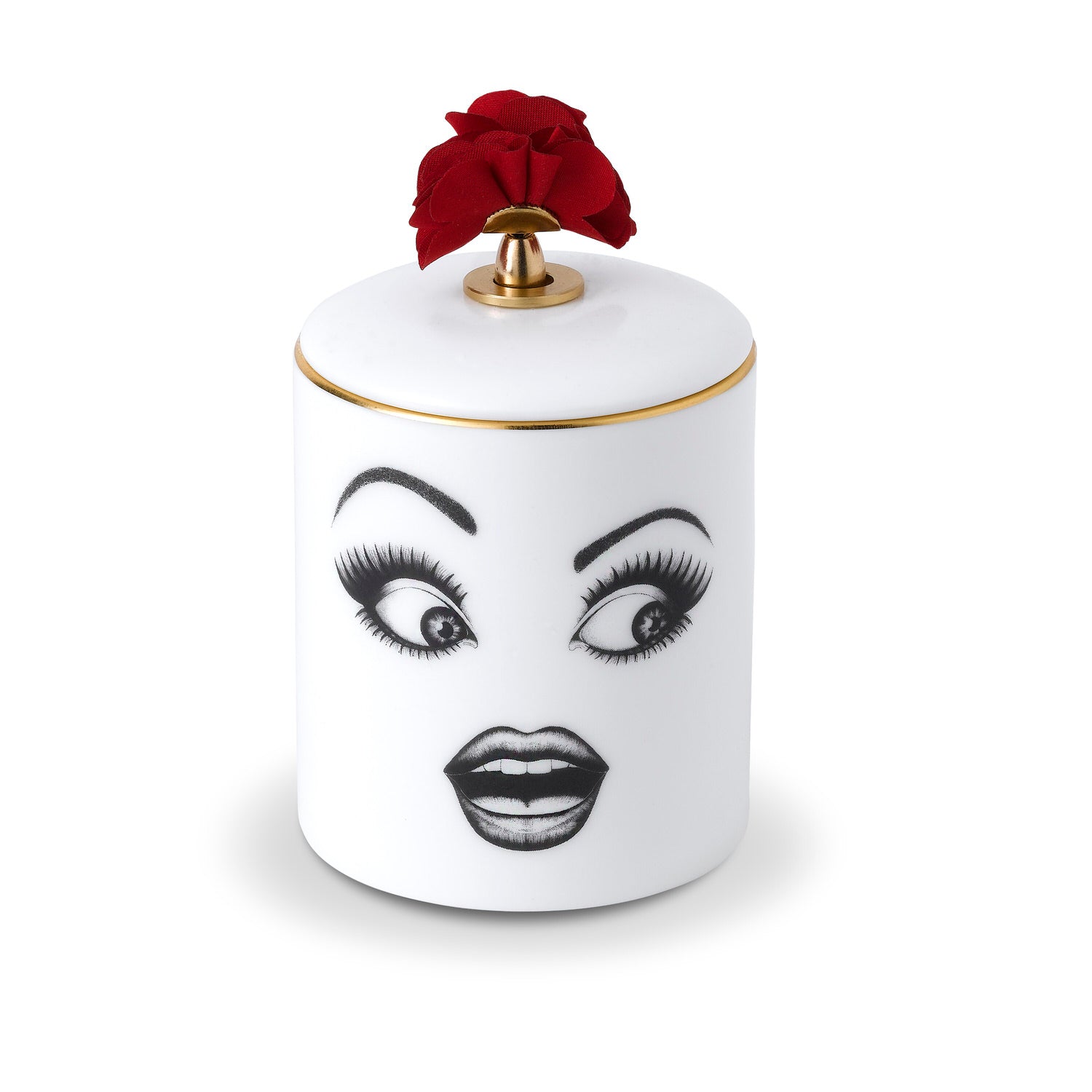 Ceramic jar with face design and red rose on lid against a white background