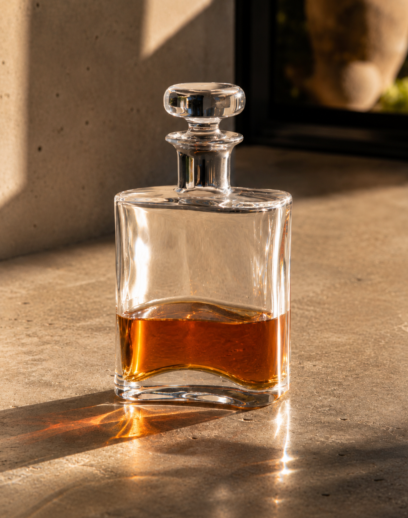 A clear glass decanter with a stopper, partially filled with amber liquid, placed on a sunlit stone surface with strong shadows and reflections.