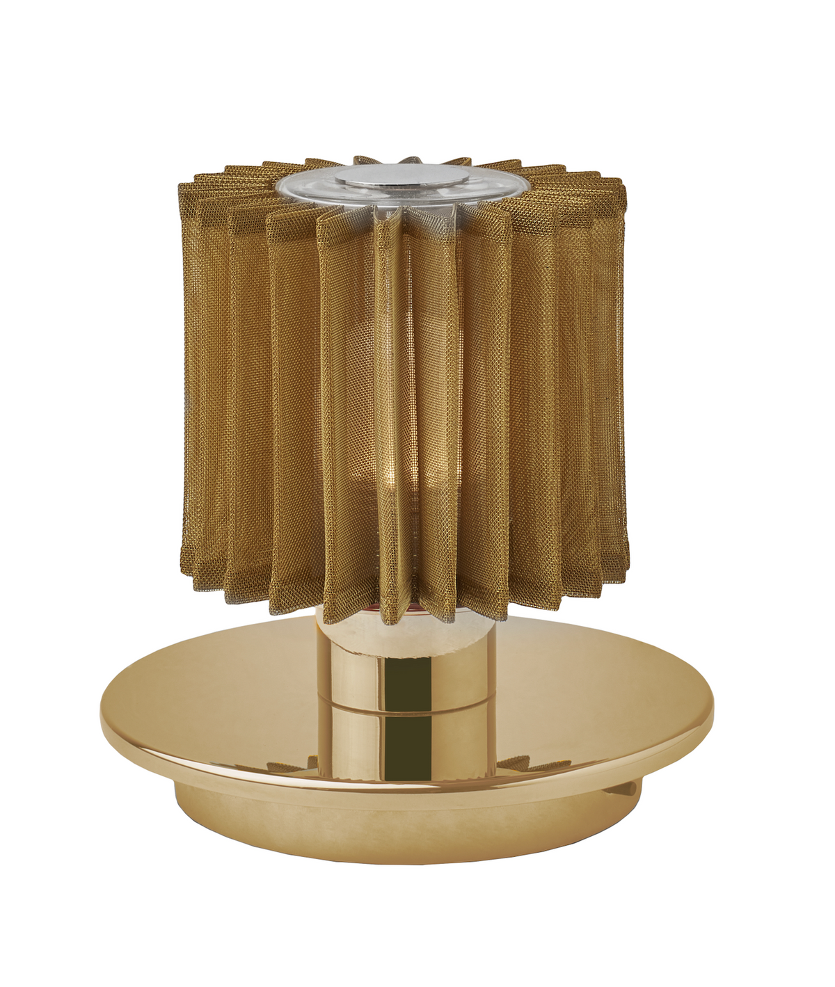 Decorative lamp with gold mesh shade and base on a white background