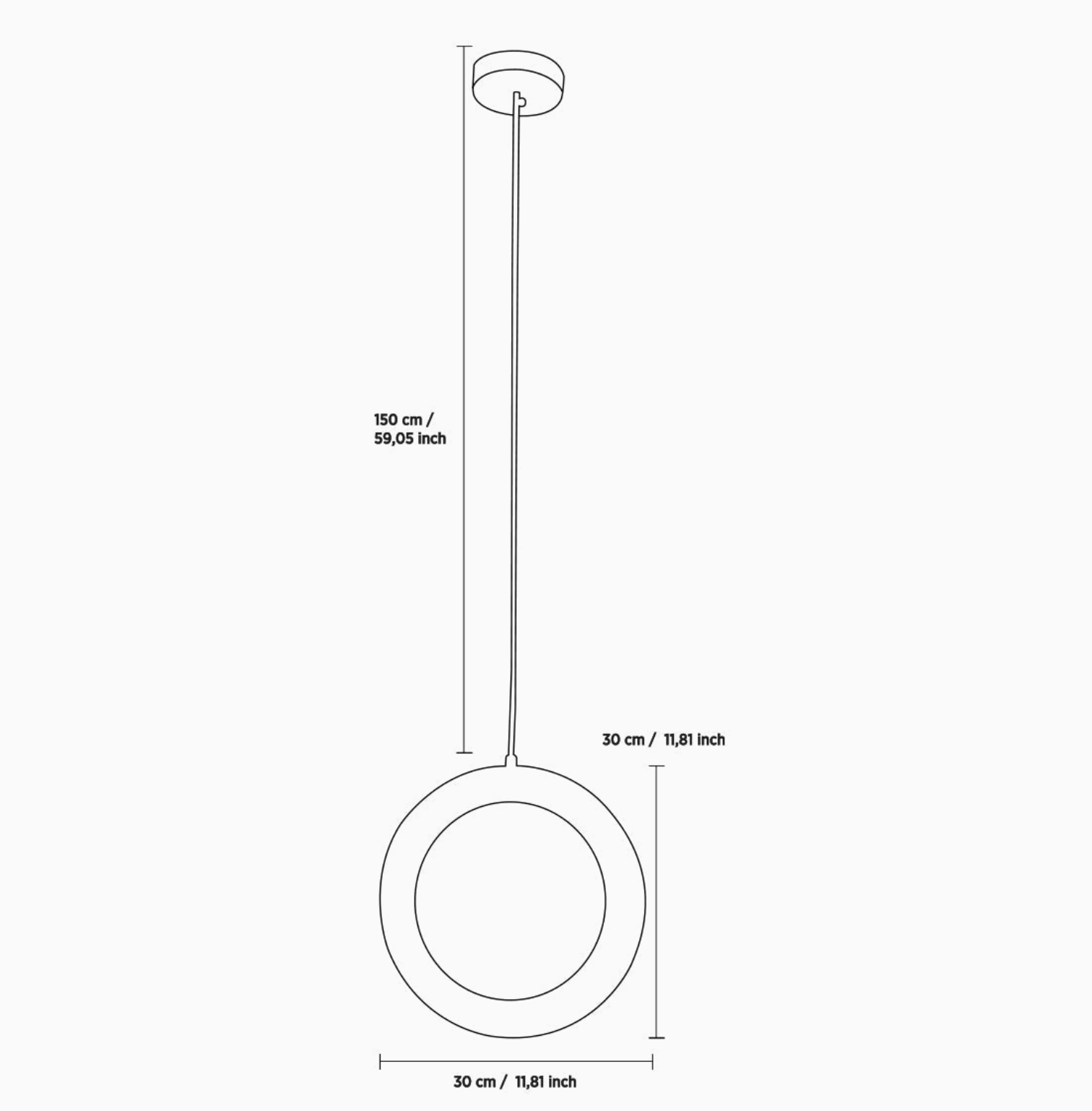 Technical drawing of a pendant light with dimensions on a white background
