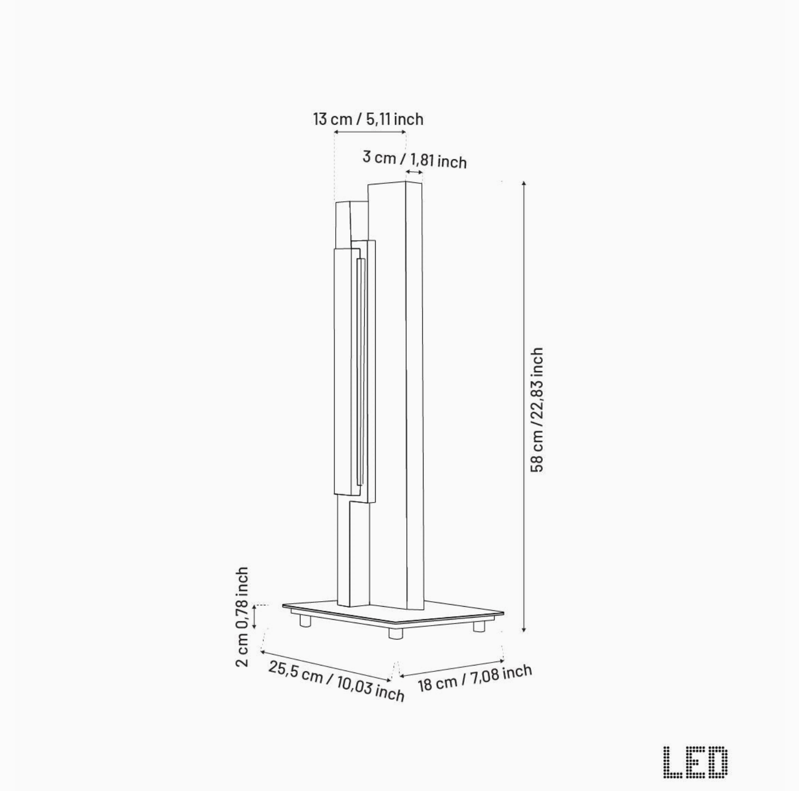 Dimensions of a LED light fixture on a white background