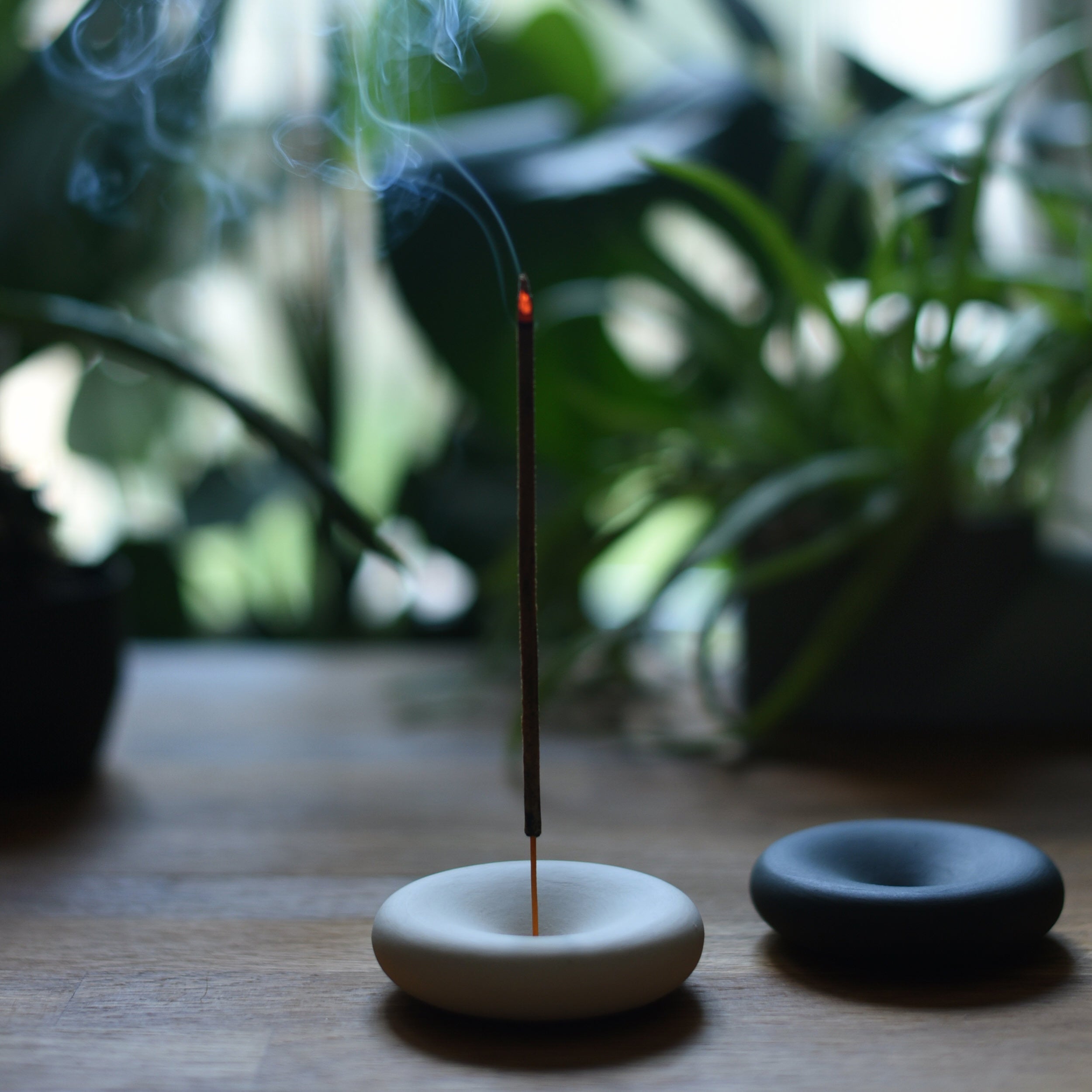 Incense stick burning in a white holder with a blurred natural background