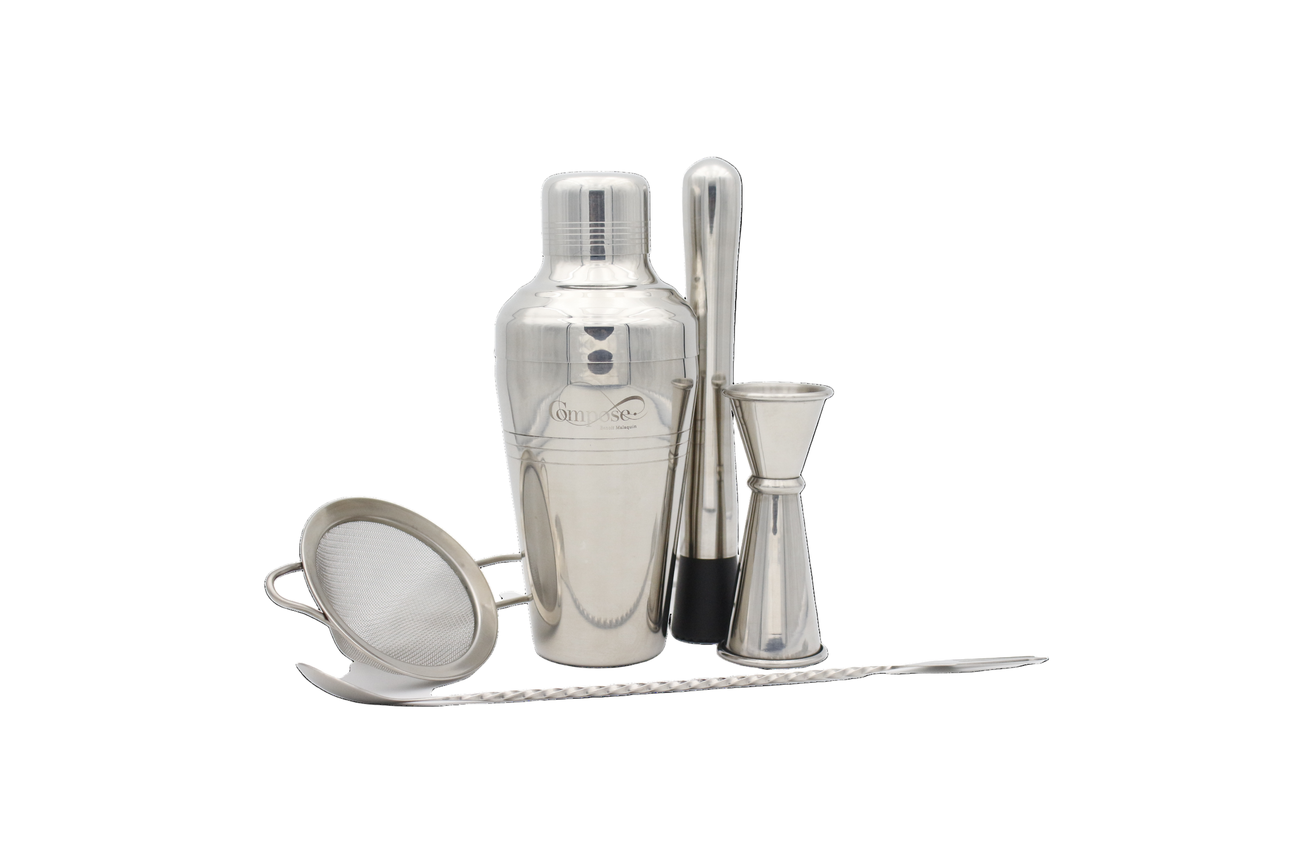 Set of cocktail shaker and tools on a white background