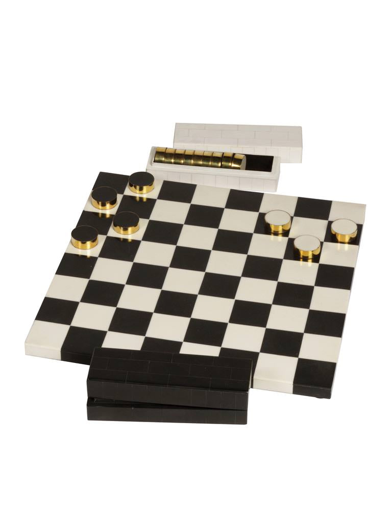 Checkered game board with pieces on a white background