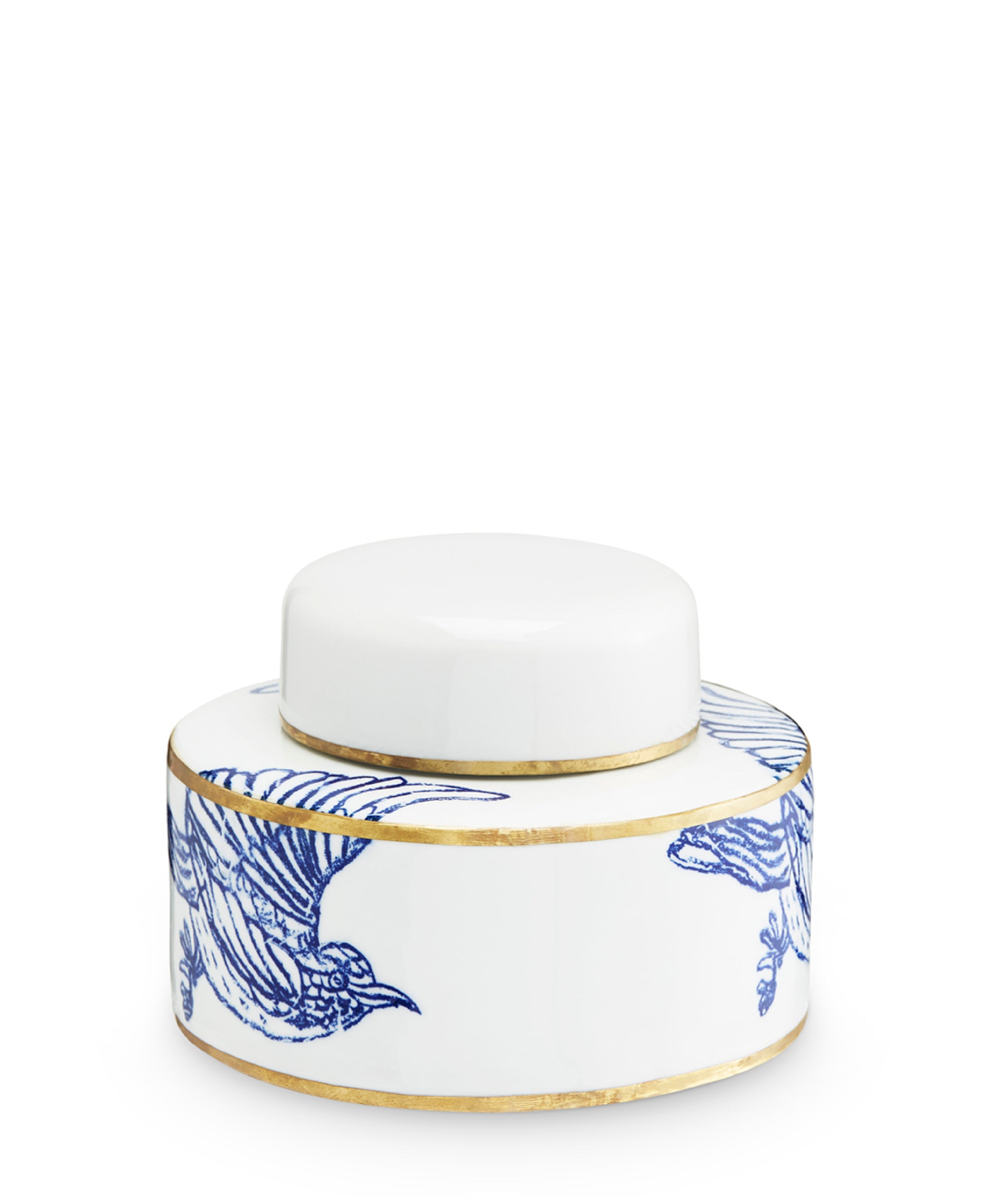 White container with blue bird design and gold accents on a white background