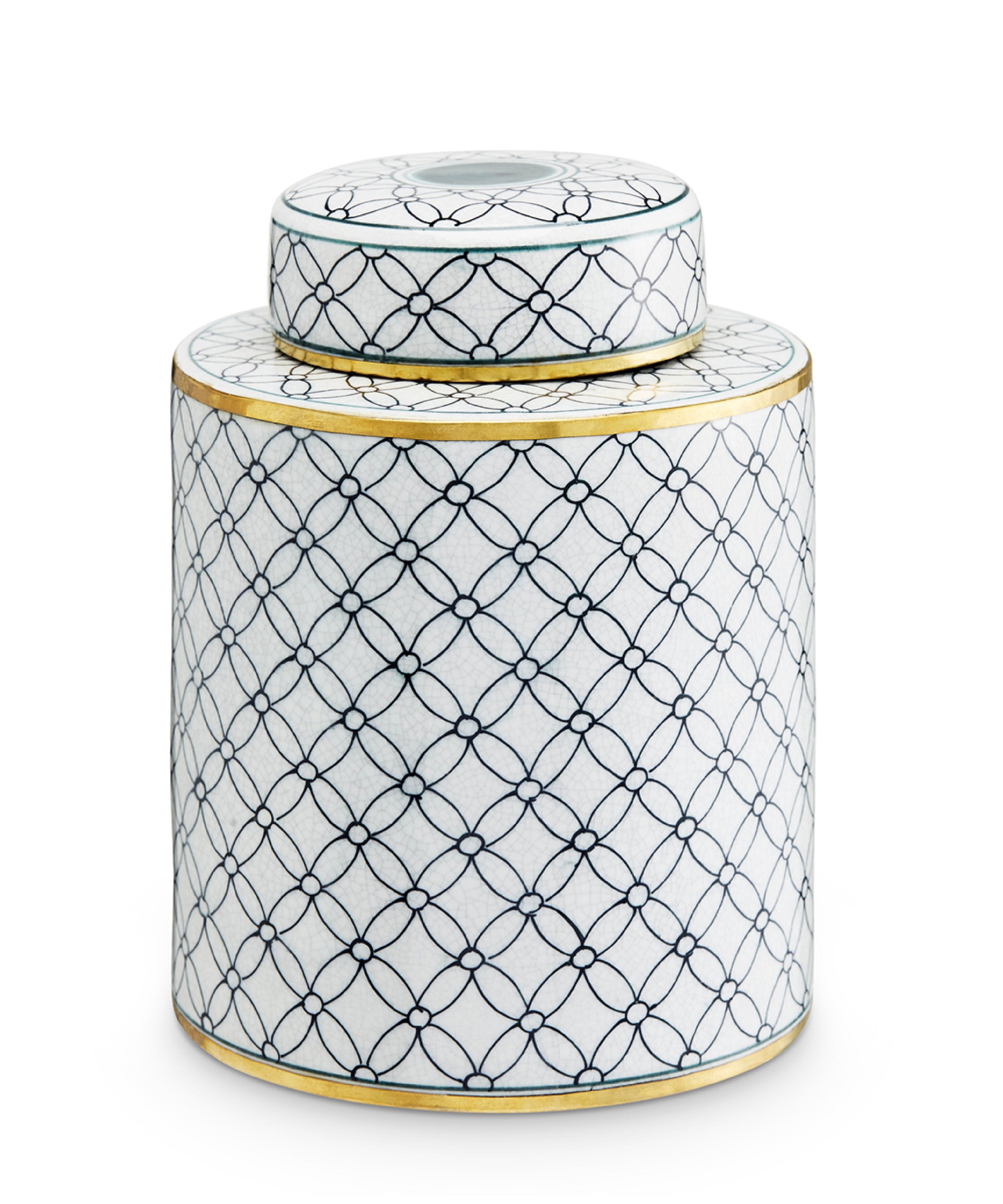 Decorative ceramic jar with geometric pattern and gold accents on a white background