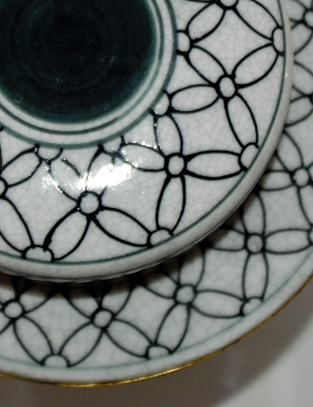 Close-up of a ceramic dish with geometric pattern