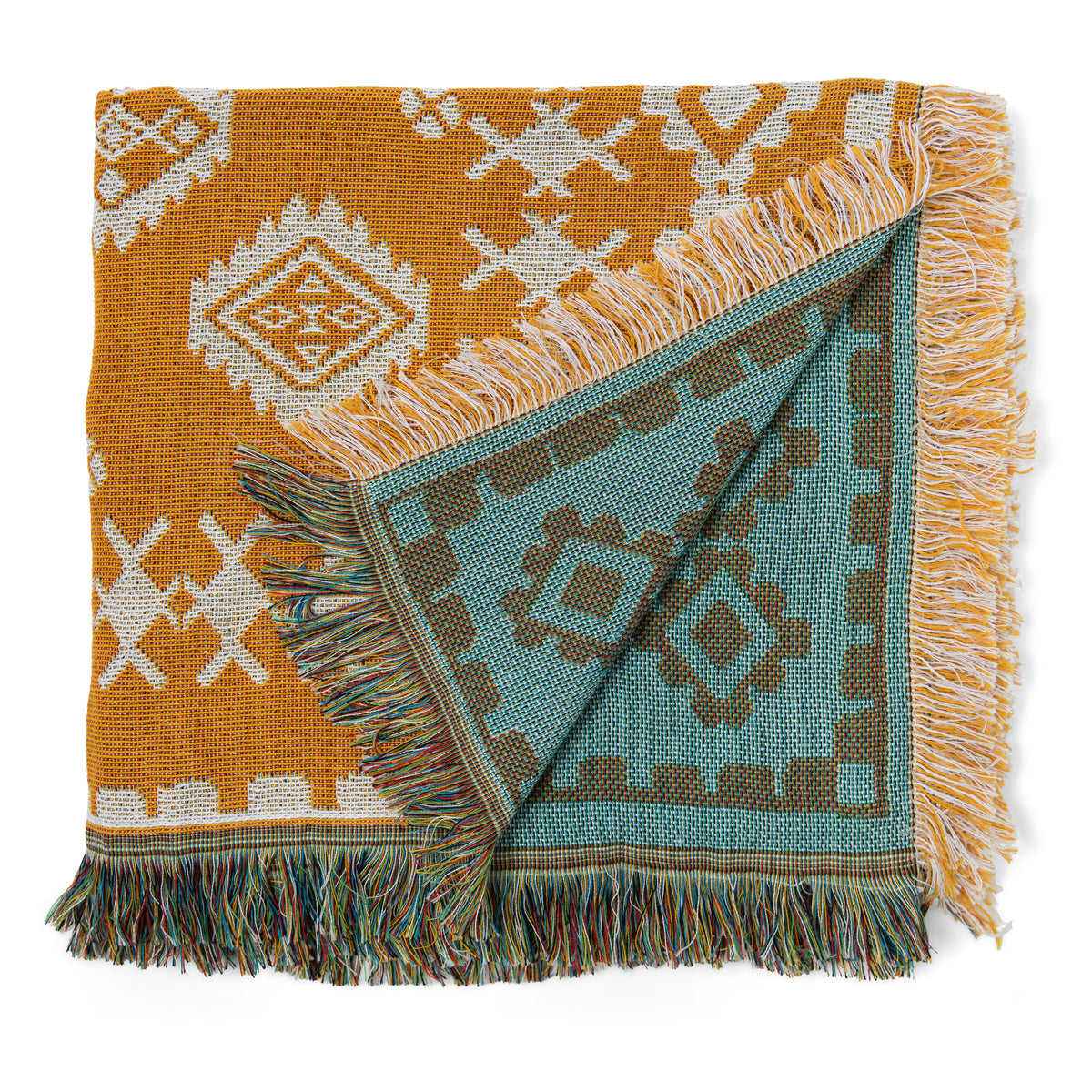 Two patterned blankets, one orange and white, the other blue and brown, on a white background.