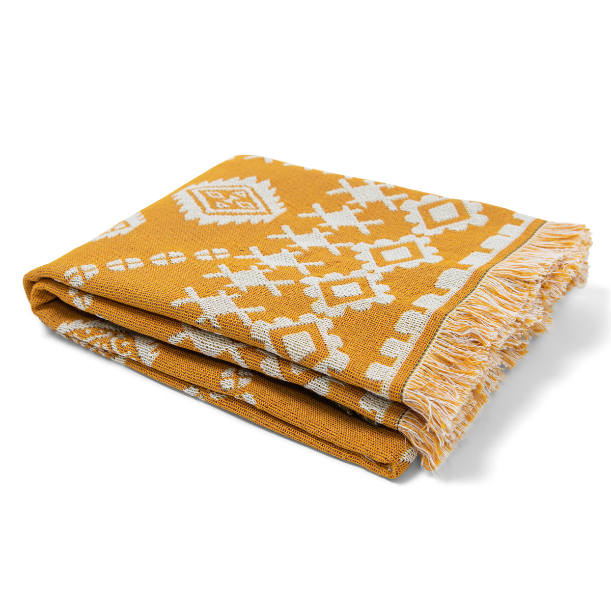 Folded yellow and white patterned blanket on a white background