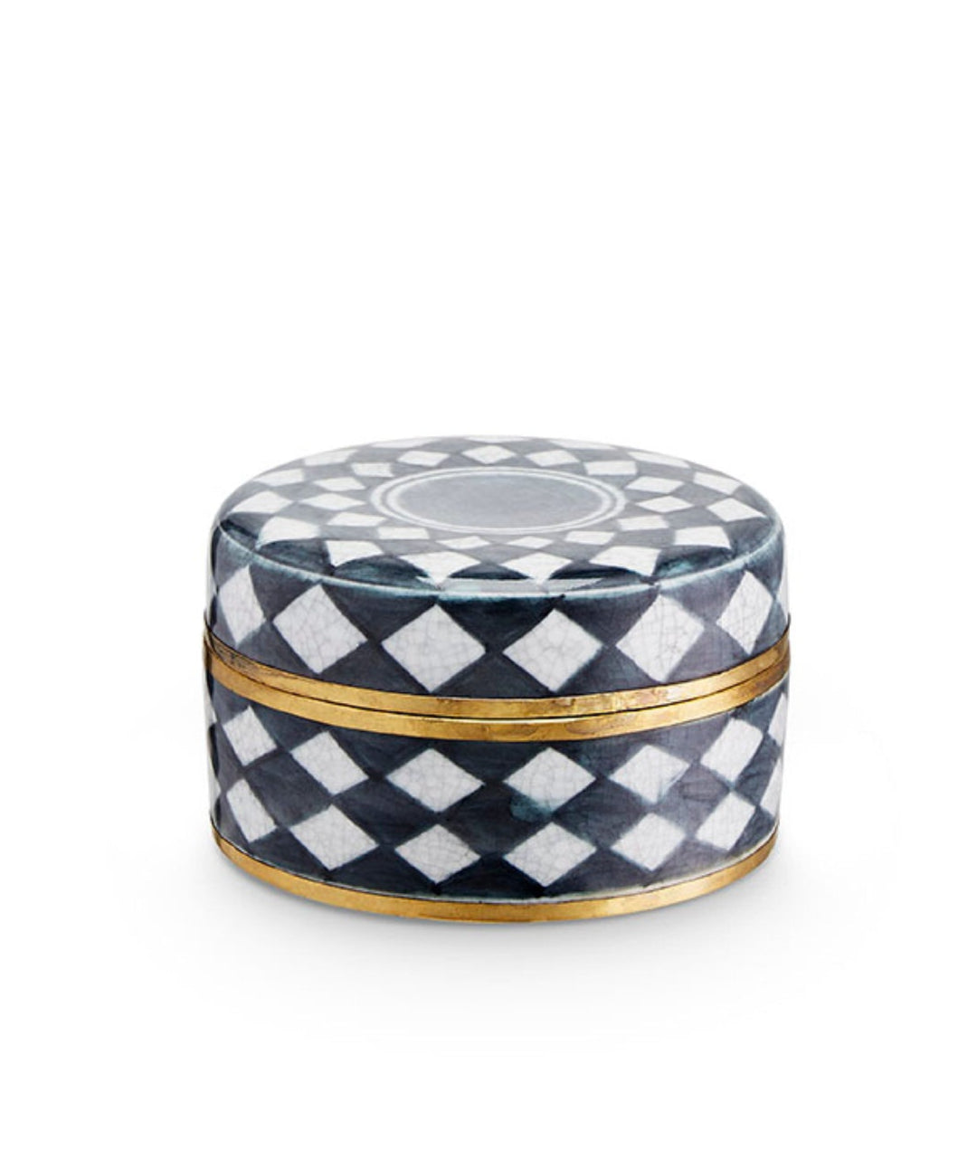 Decorative box with a checkered pattern and gold trim on a white background