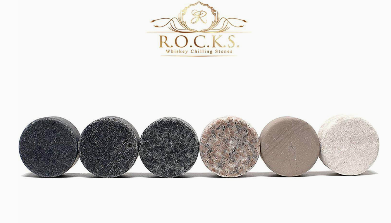Set of whiskey chilling stones with R.O.C.K.S. branding on a white background