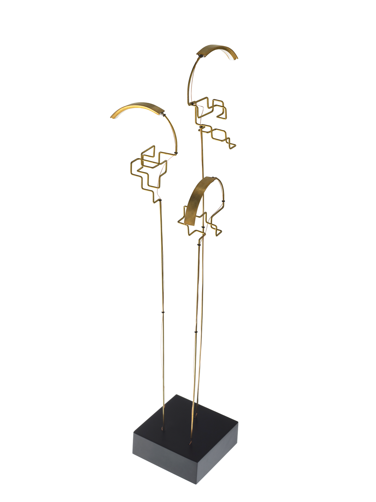 Gold earring display stand on a black base against a white background