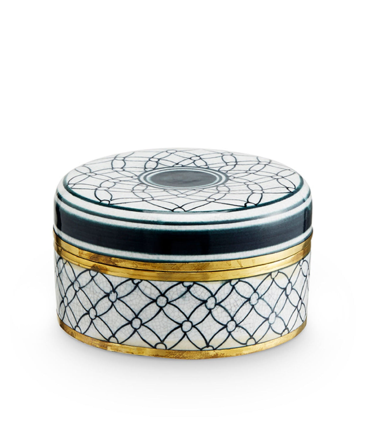 Decorative round tin with black and white pattern on a white background