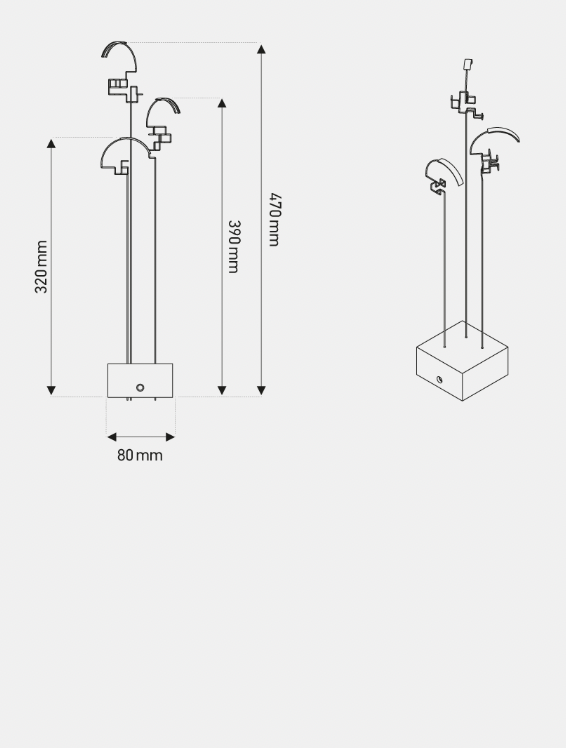 Measurement chart of a shower head and arm system with dimensions labeled.