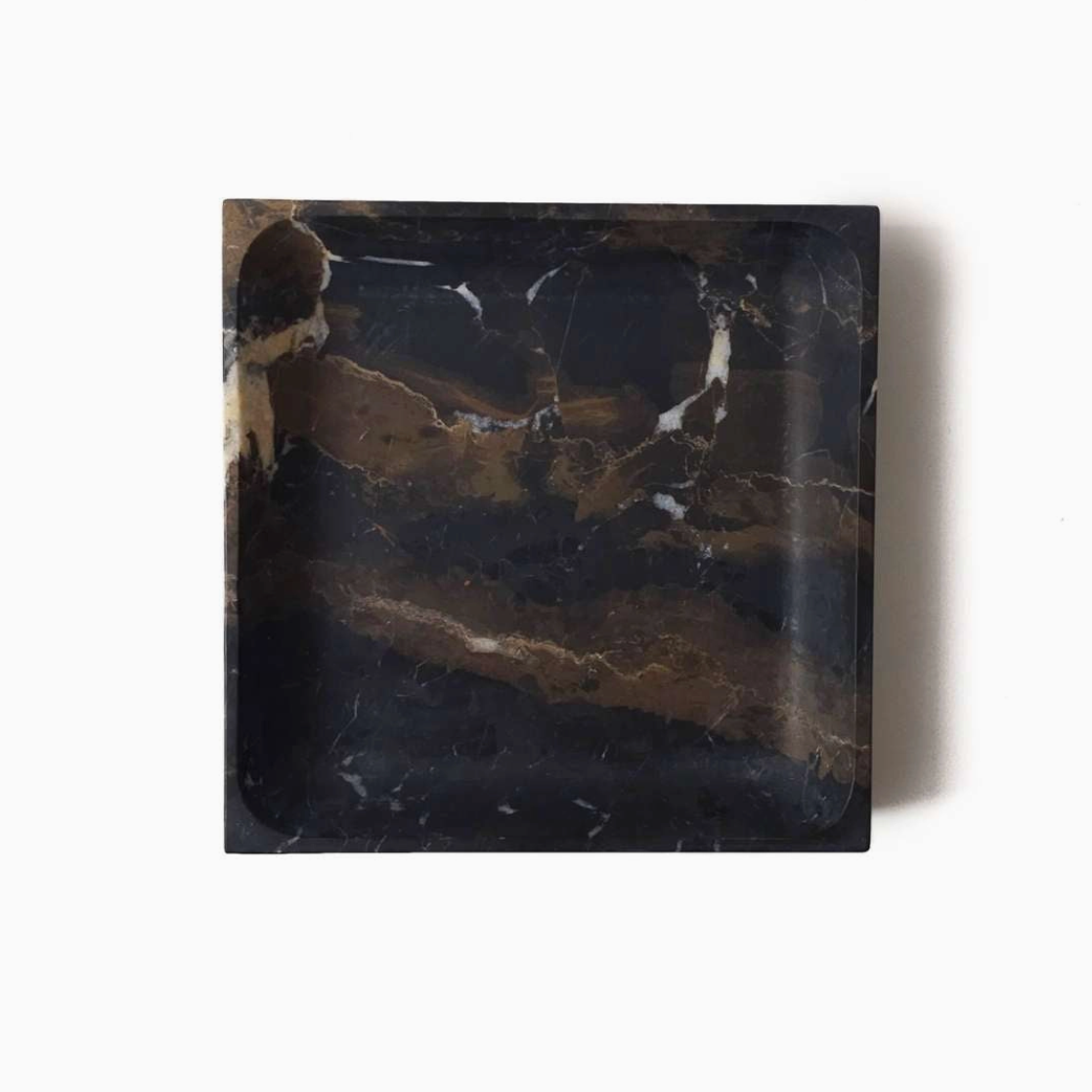 Square marble tray with black and brown marbled pattern on a white background