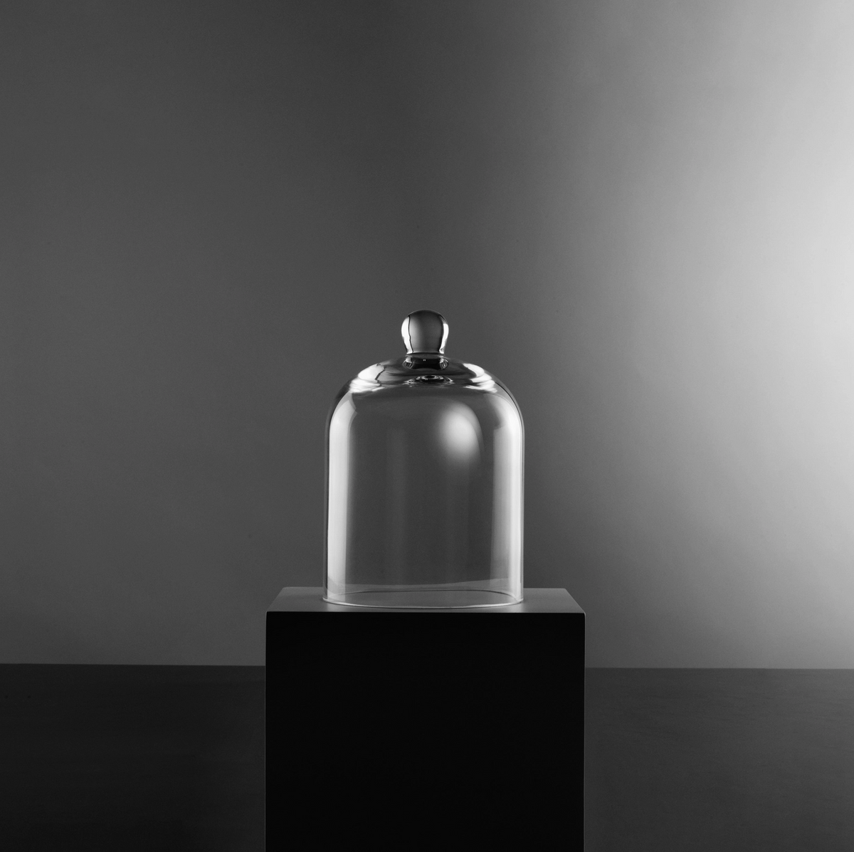 Clear glass dome on a black pedestal against a gray background