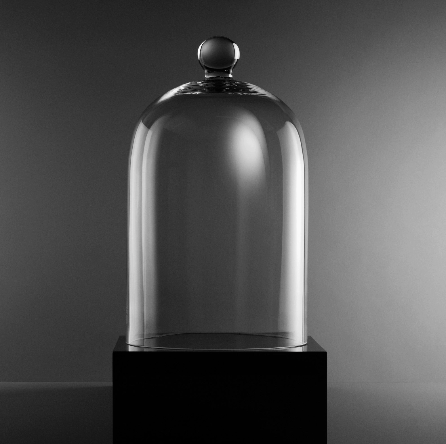 Glass dome on a black pedestal against a gray background