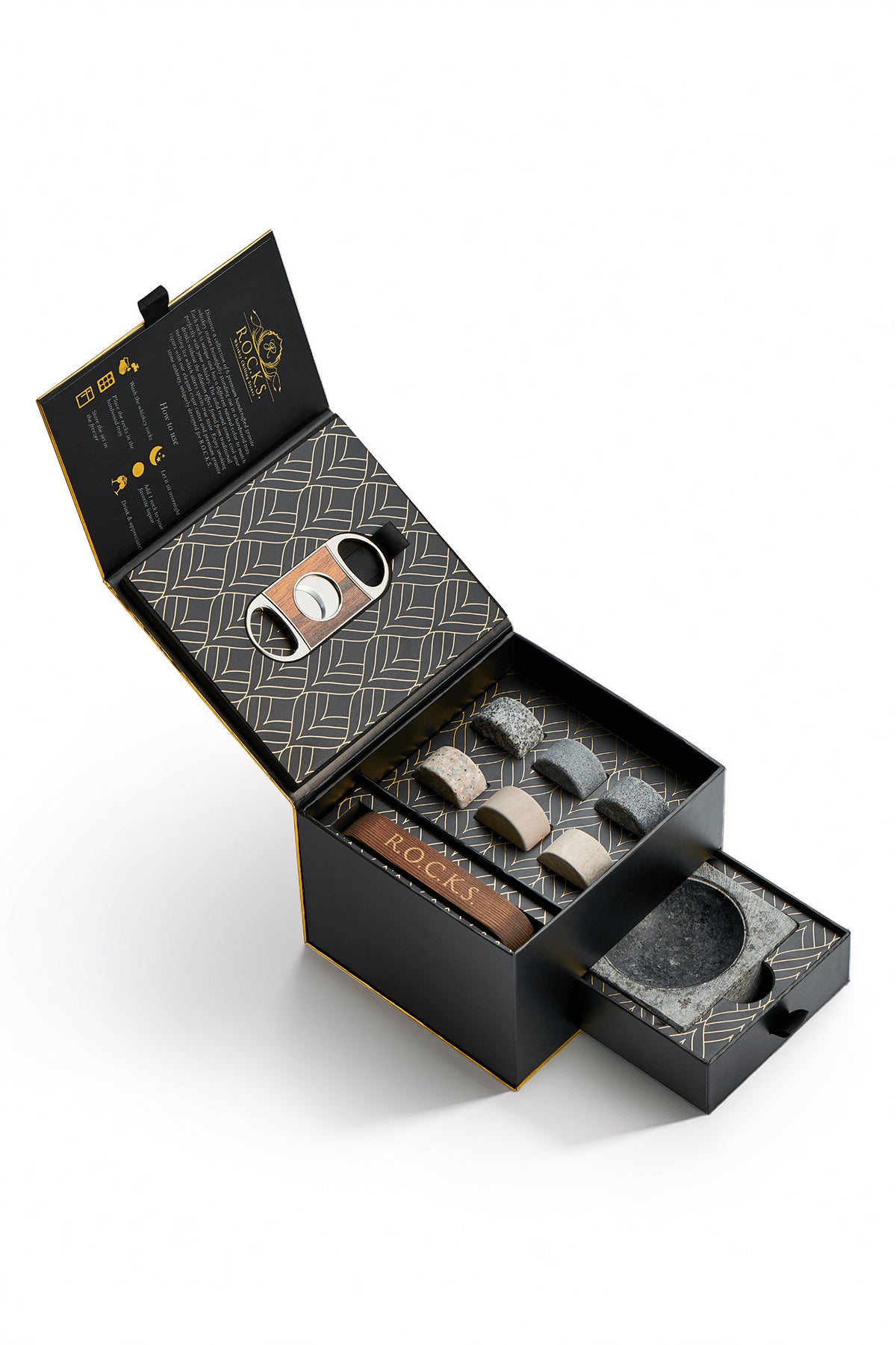 Open jewelry box with rings inside on a white background