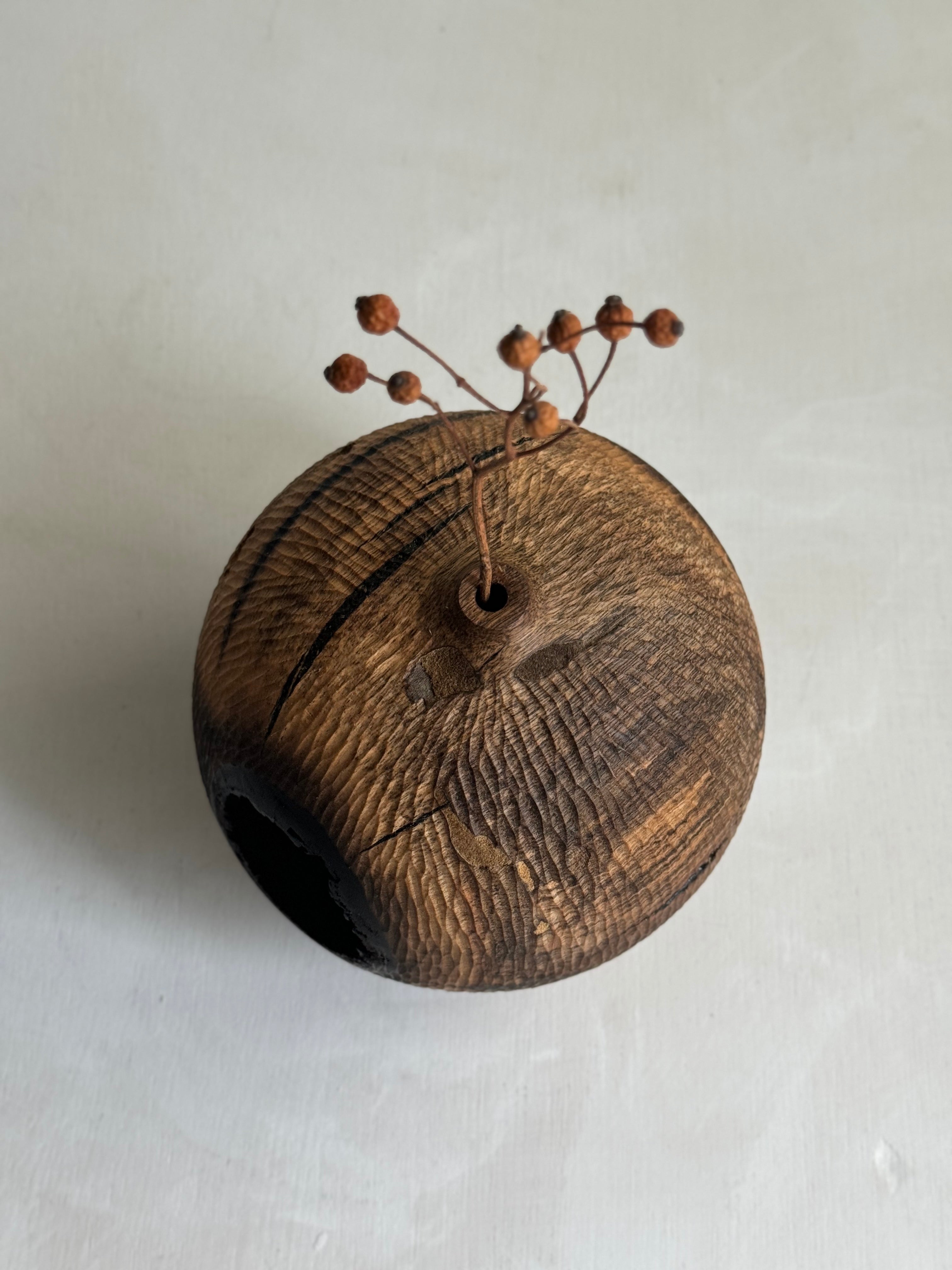 Wooden object with twine and dried plants on a light grey background