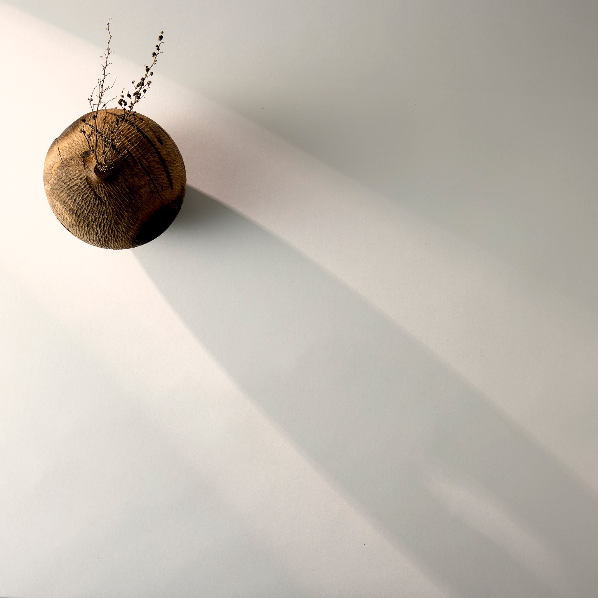 Wooden vase on a white wall