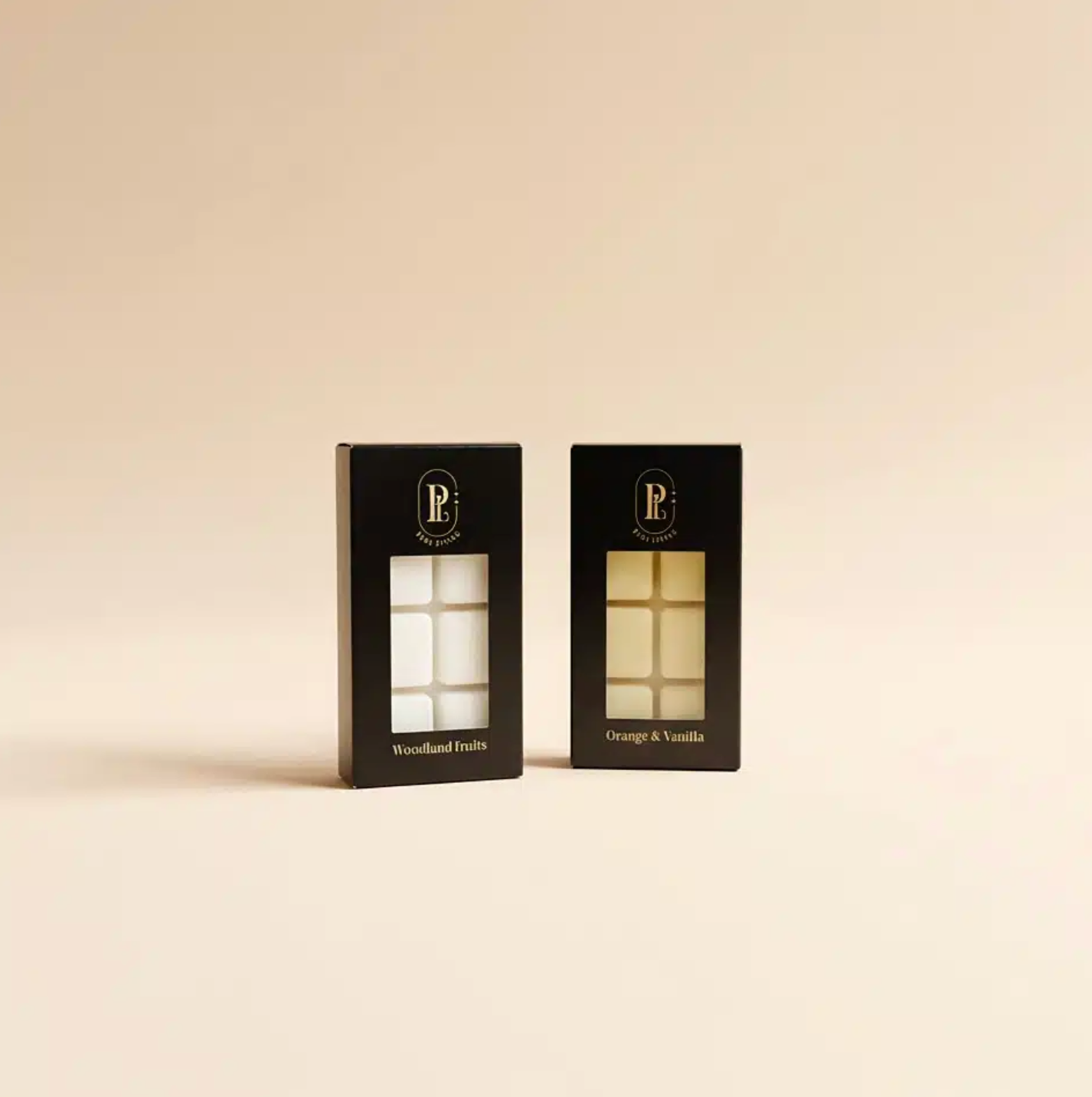Two black boxes with windowed fronts displaying candles on a beige background