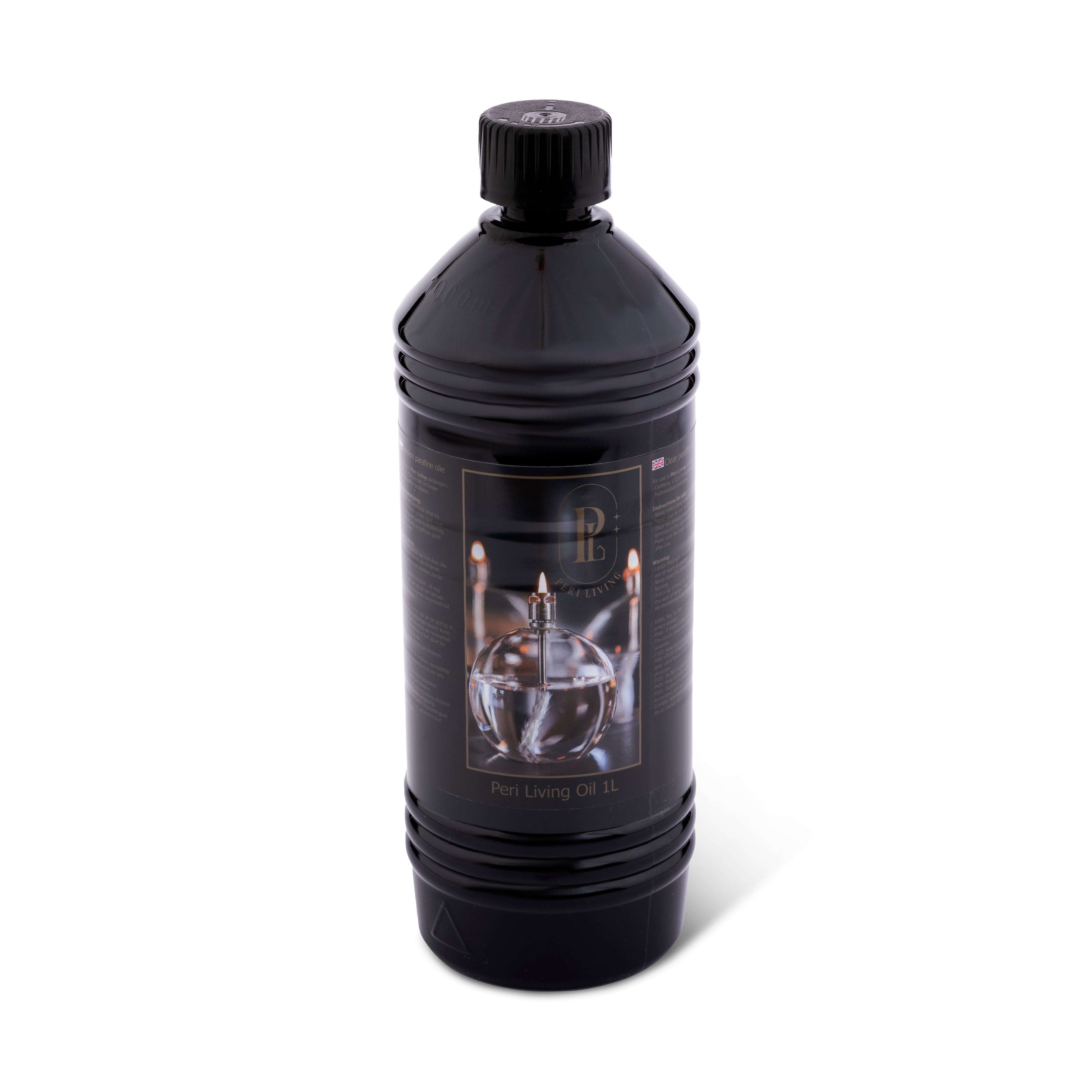 Black bottle with a label on a white background