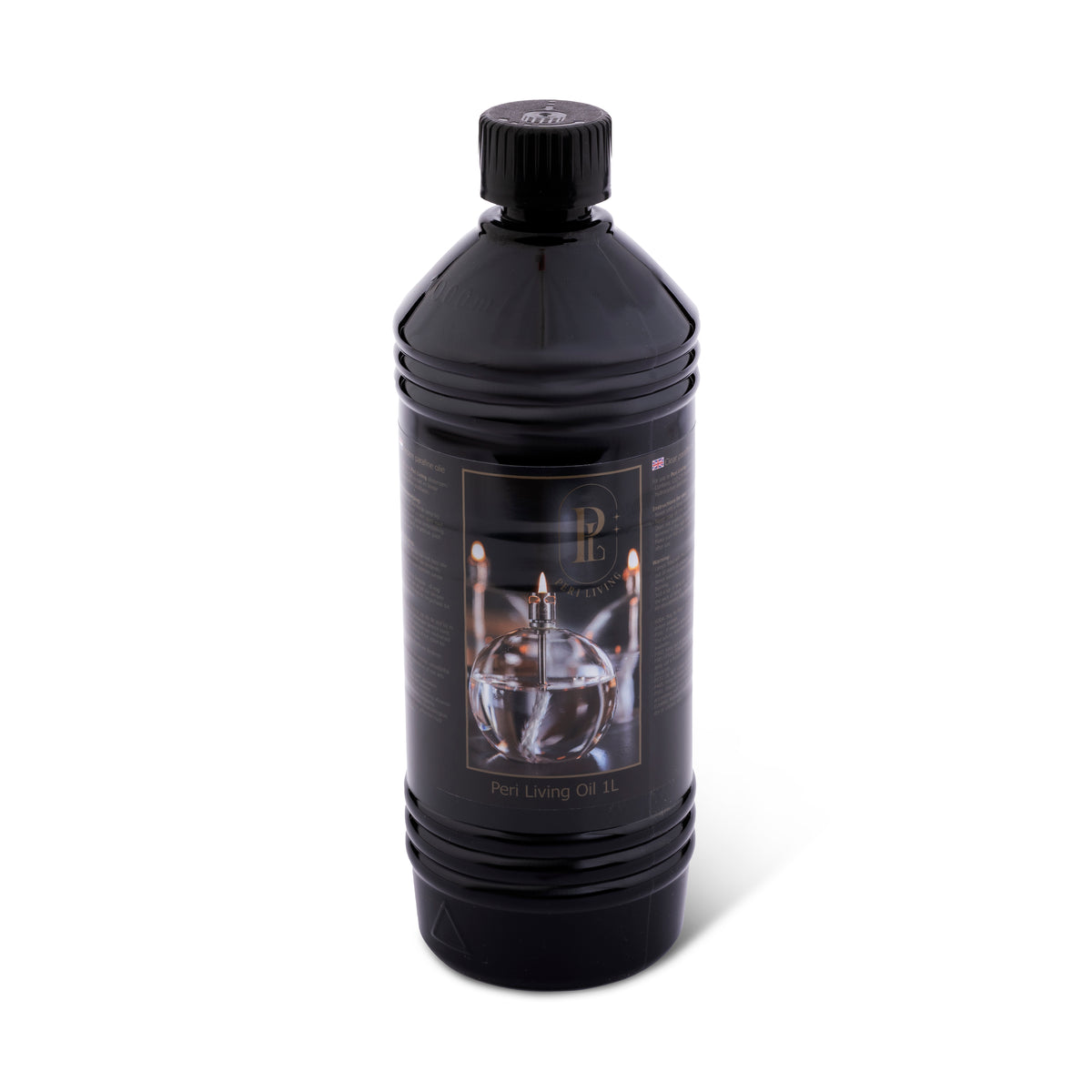 Black bottle with a label on a white background