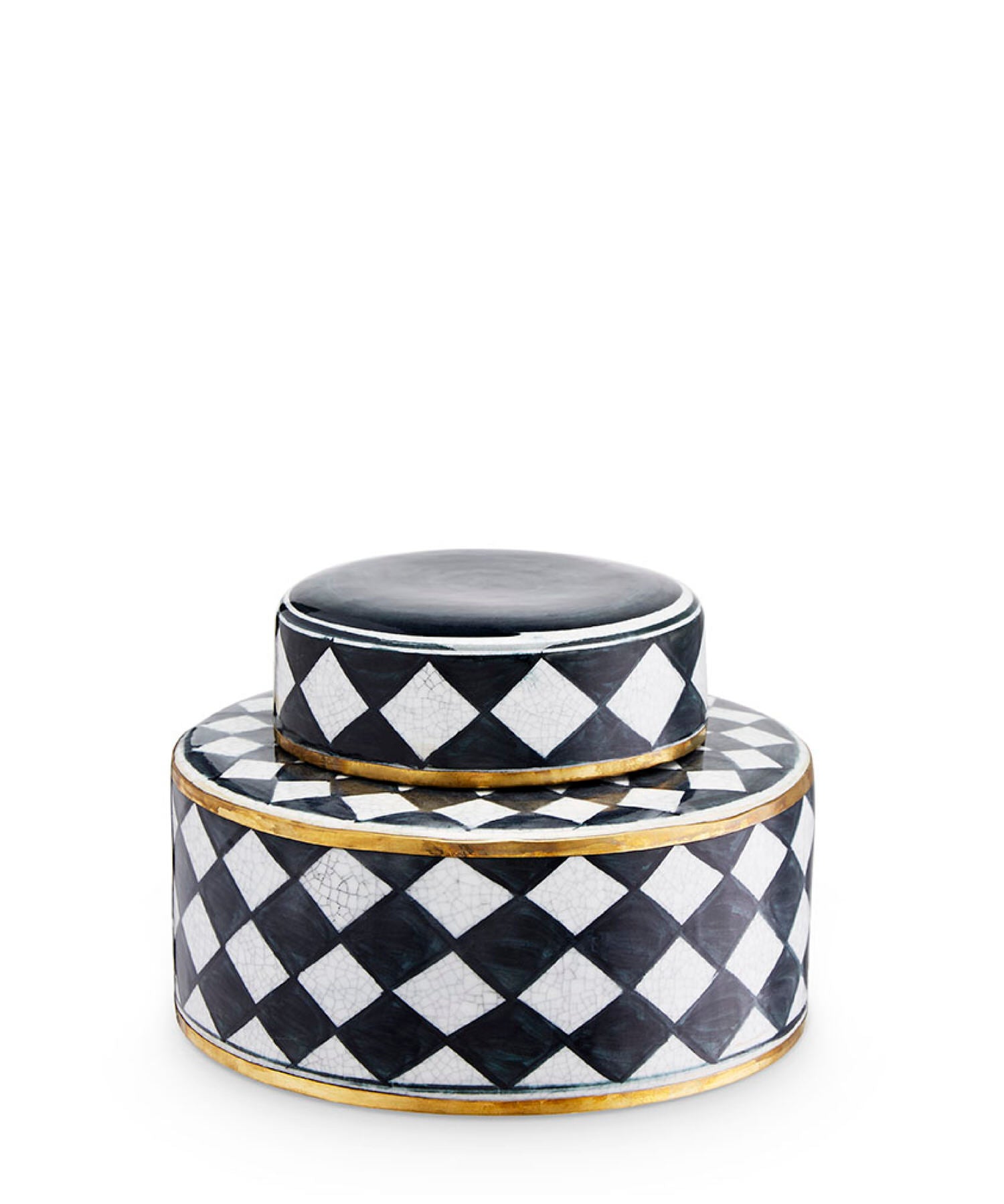 Set of two decorative jars with black and white checkered pattern on a white background