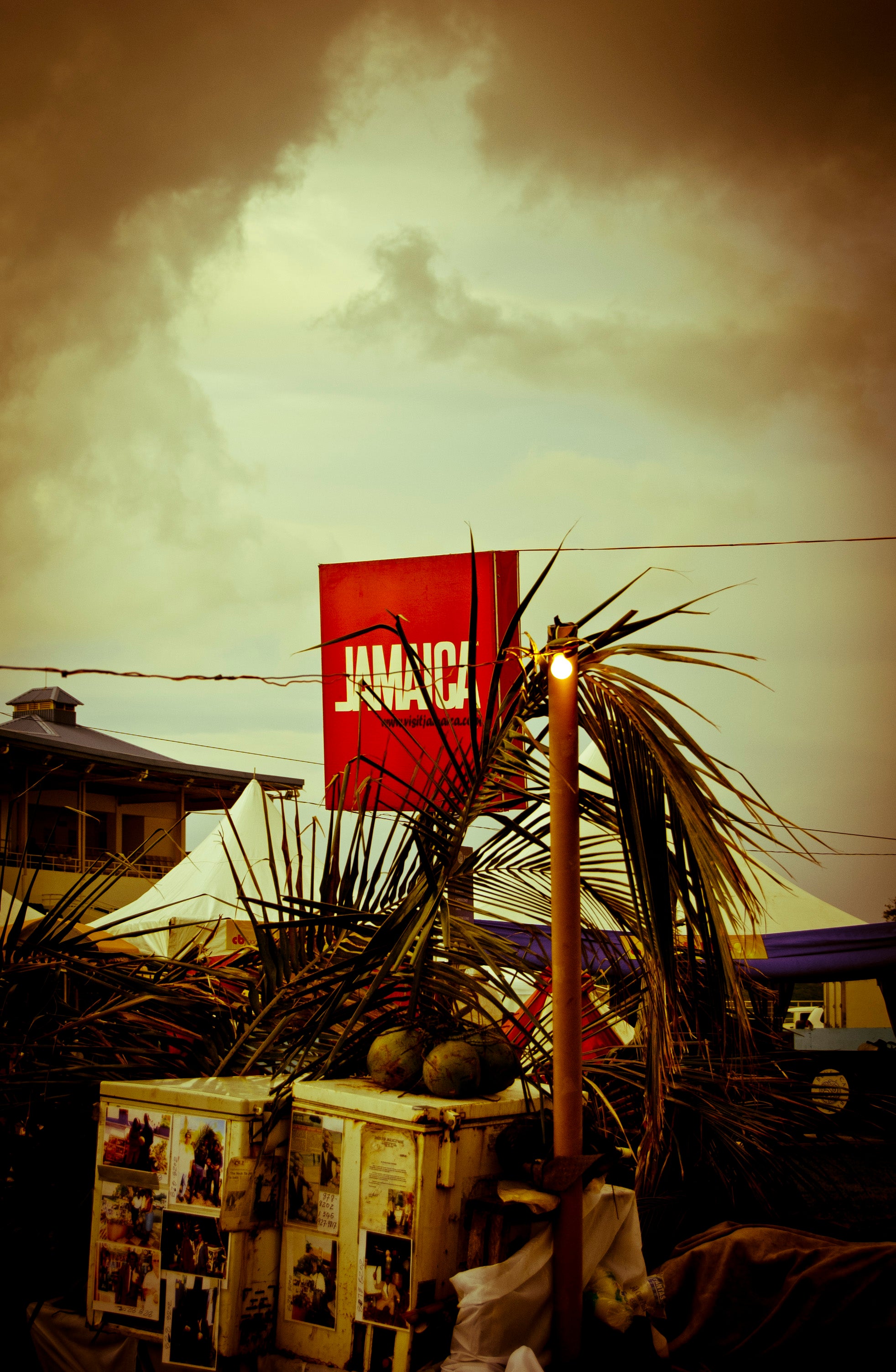 Red 'Jamaica' sign with palm trees and a cloudy sky